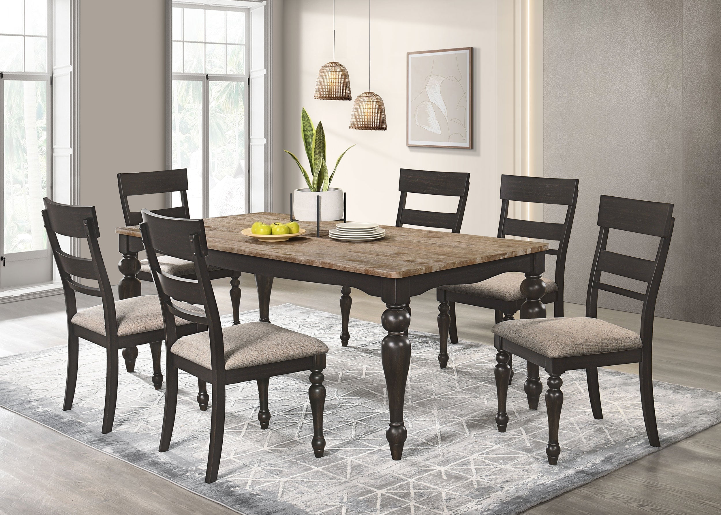 Bridget  Rectangular Dining Set Brown Brushed and Charcoal Sandthrough