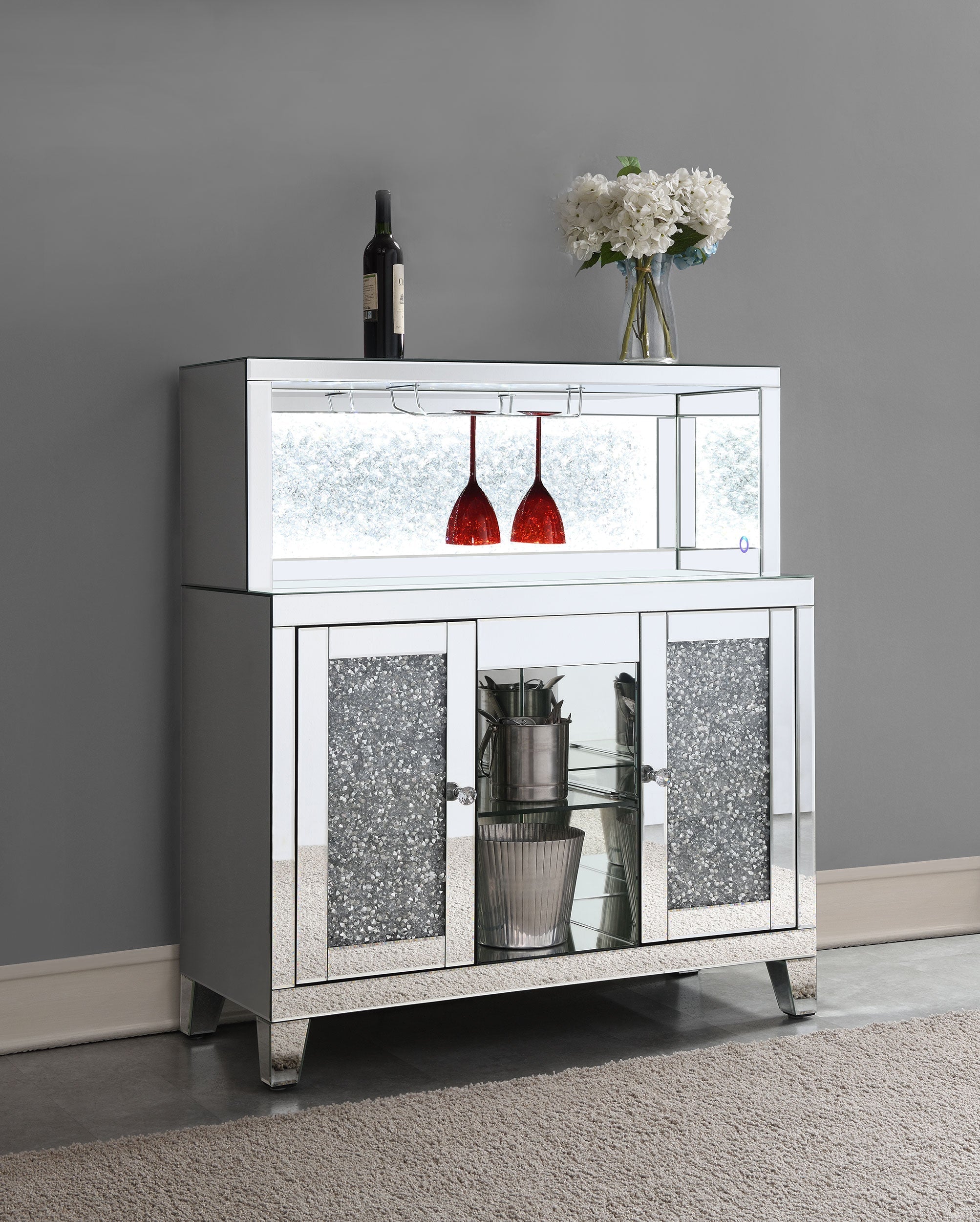 Yvaine 2-door Mirrored Wine Cabinet with Faux Crystal Inlay Silver