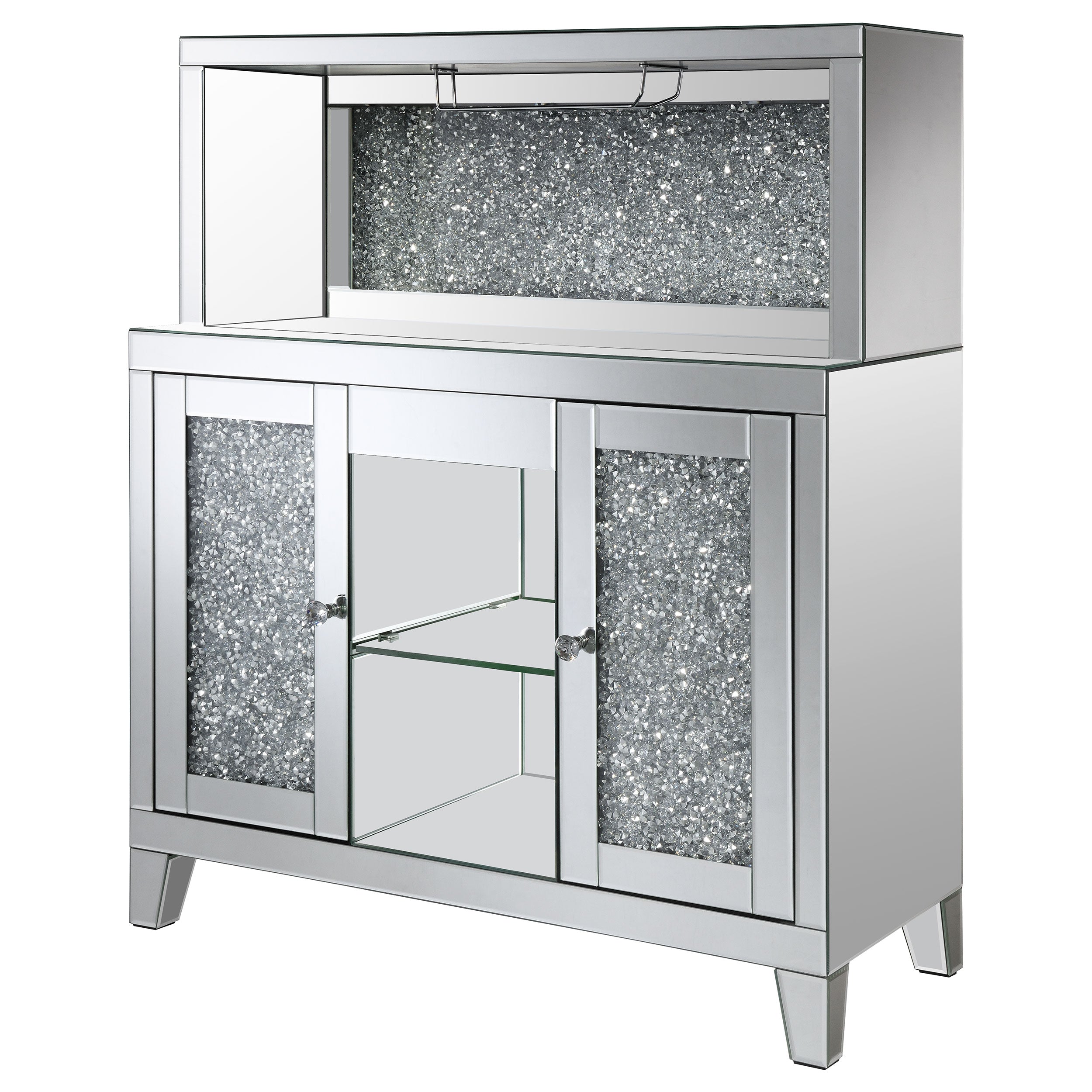 Yvaine 2-door Mirrored Wine Cabinet with Faux Crystal Inlay Silver