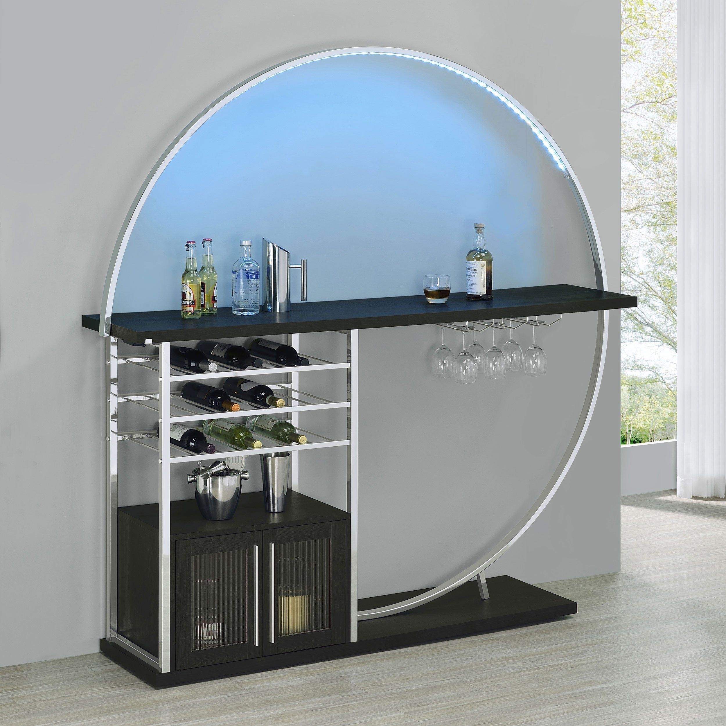 Risley 2-door Circular LED Home Bar with Wine Storage White High Gloss