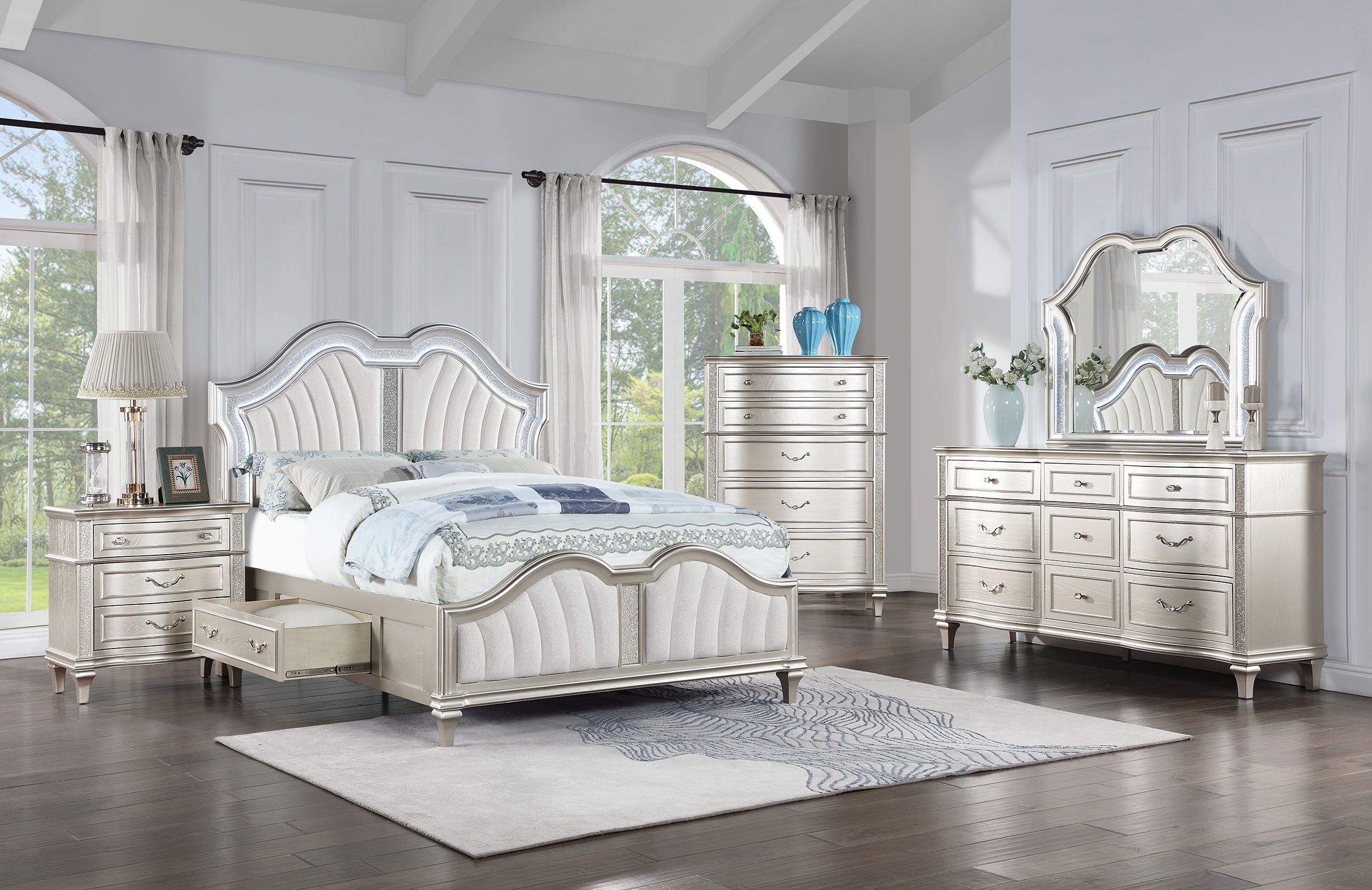 Evangeline  Storage Bed with LED Headboard Silver Oak and Ivory