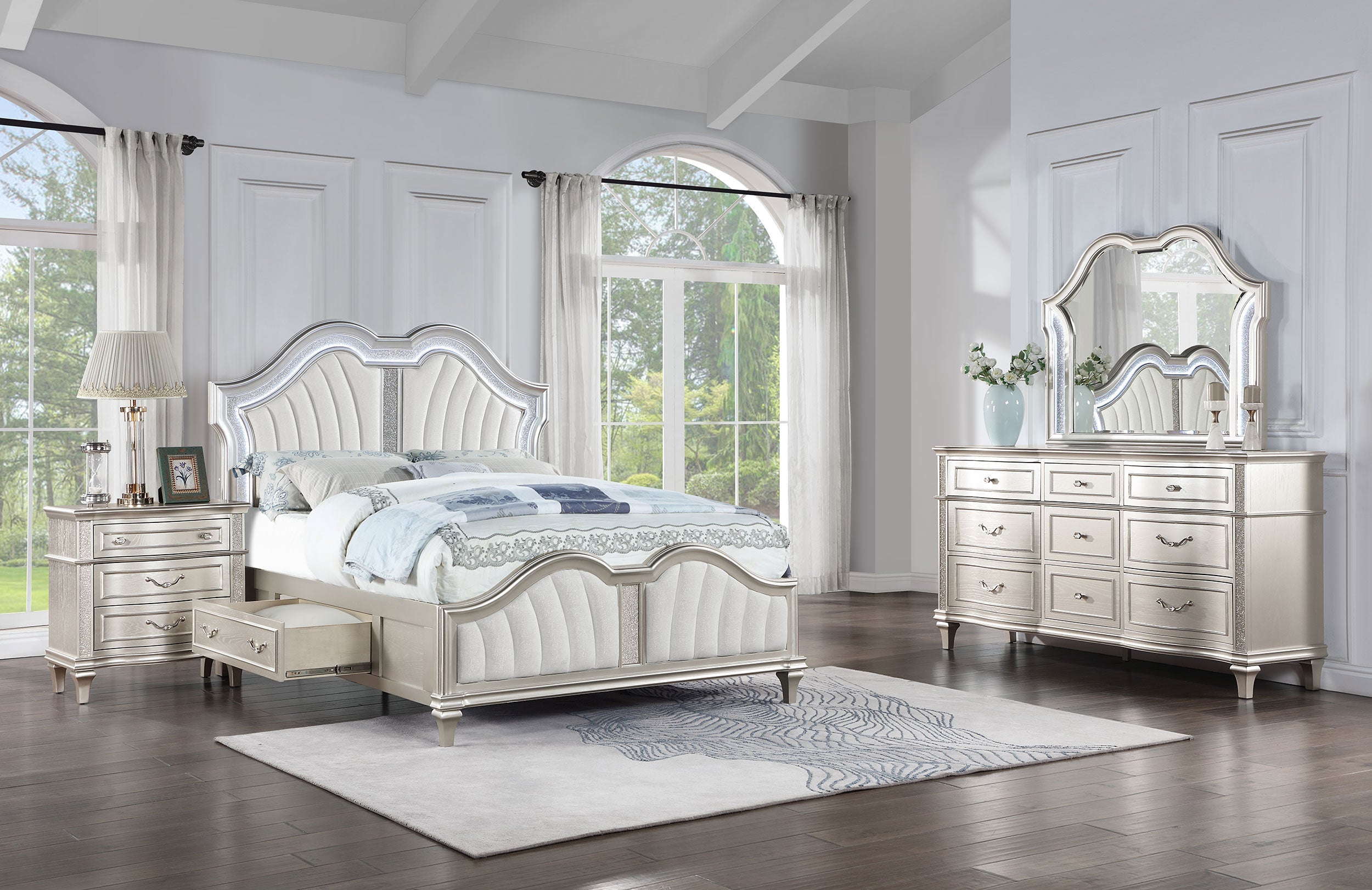 Veronica   Storage Bed with LED Headboard Silver Oak and Ivory