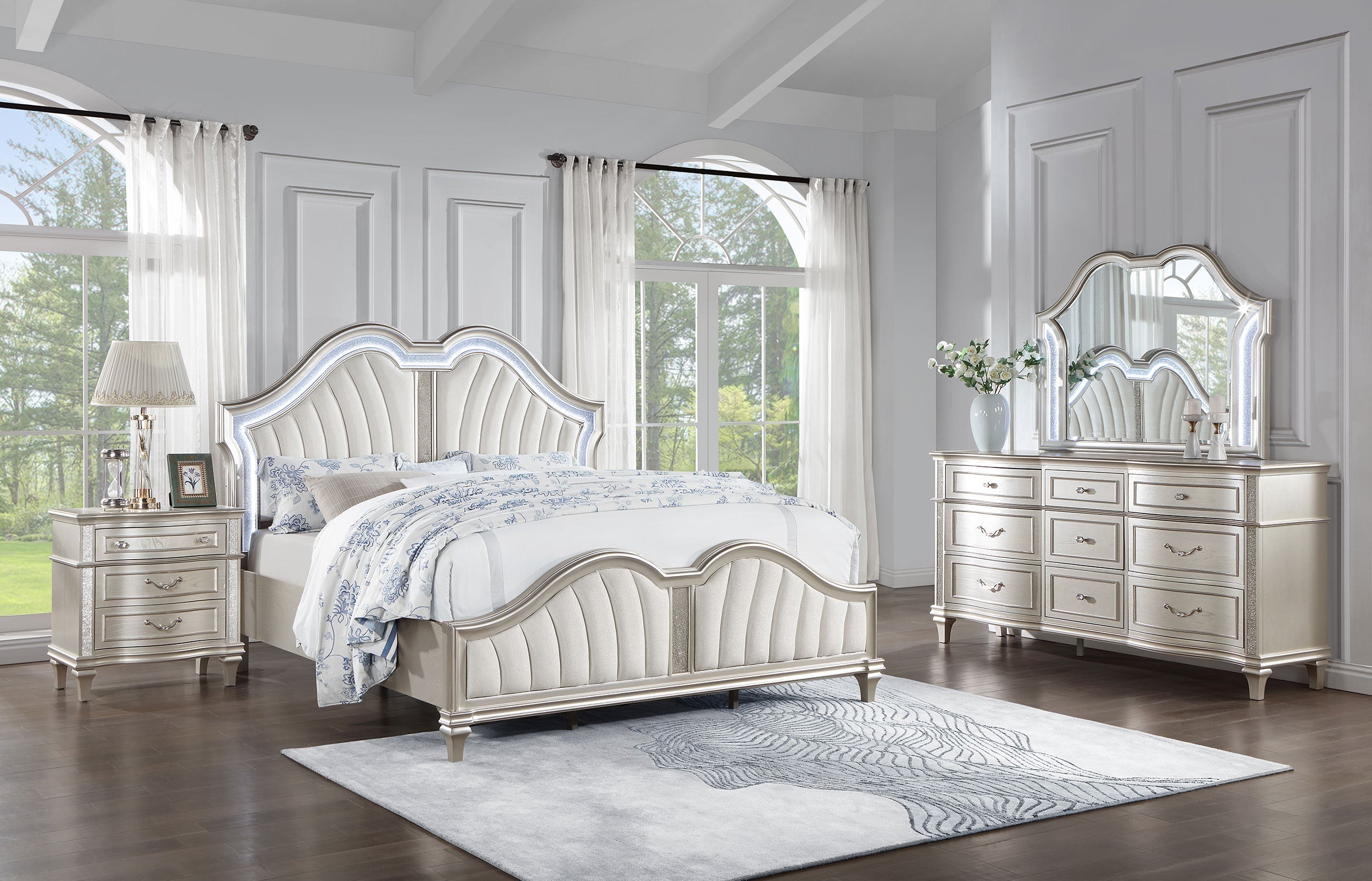 Evangeline  Upholstered Platform  Bedroom Set Ivory and Silver Oak