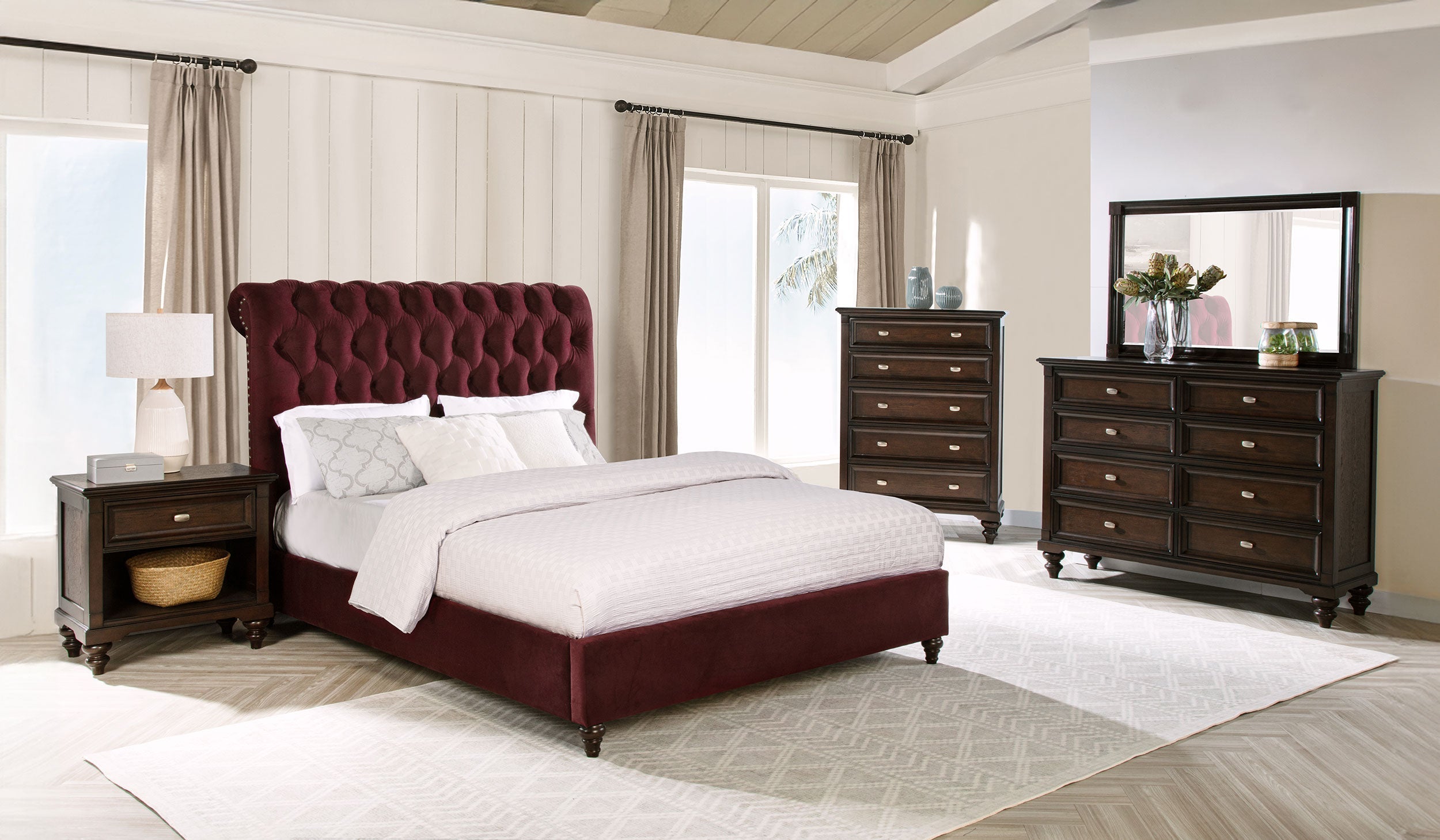 Devon 4-piece Queen Bedroom Set Wine Red and Dark Oak