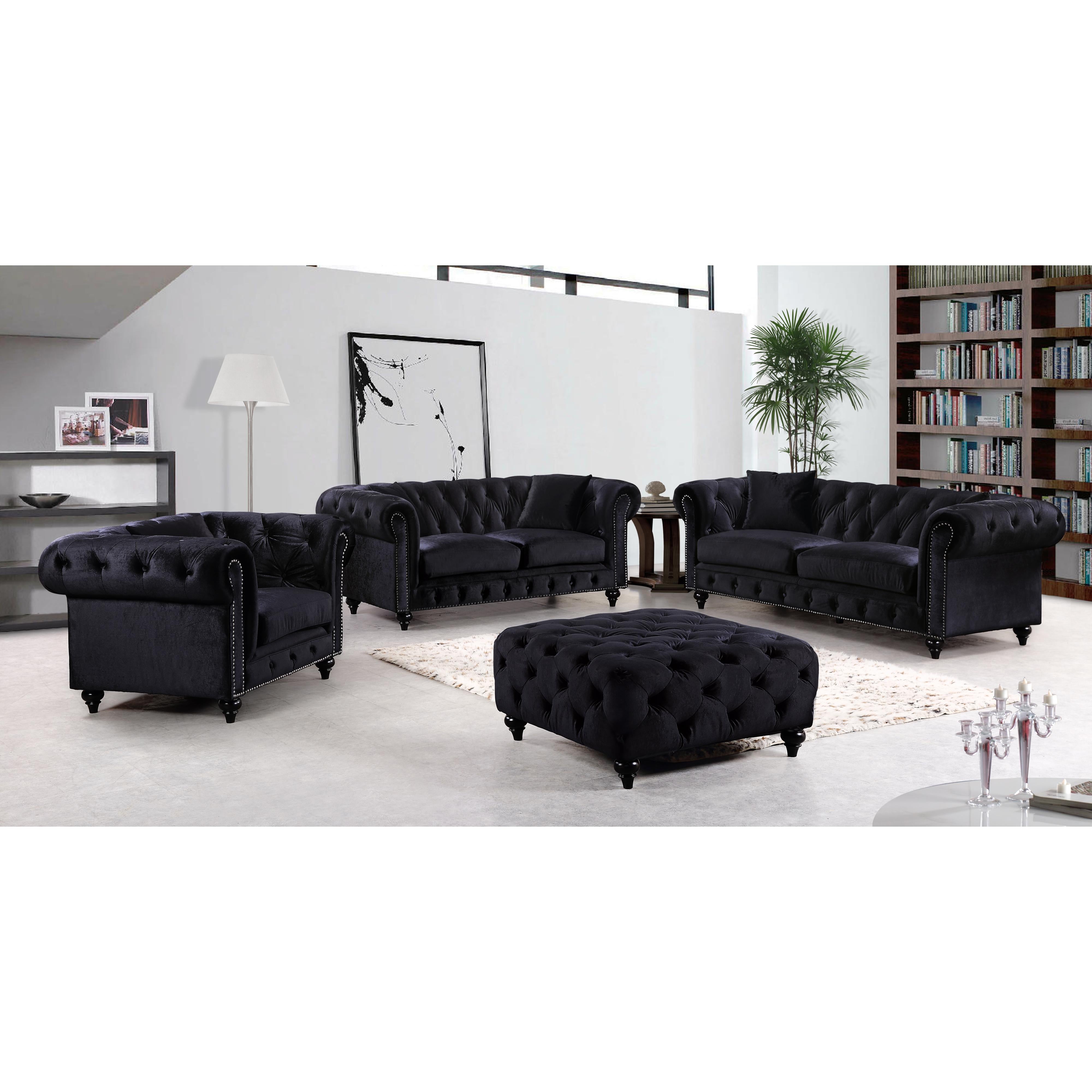 Meridian Chesterfield Black Velvet Ottoman