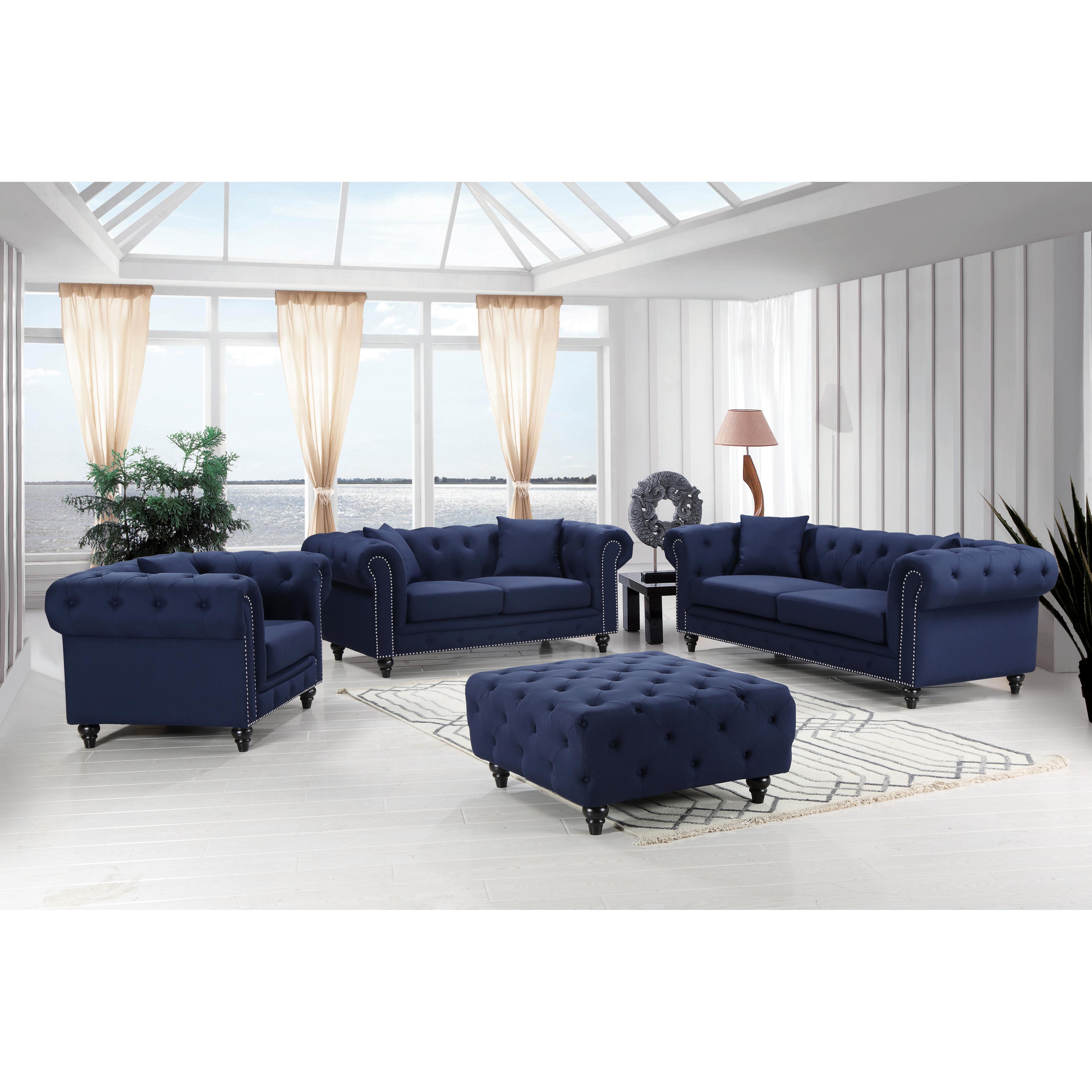 Meridian Chesterfield Navy Linen Textured Ottoman