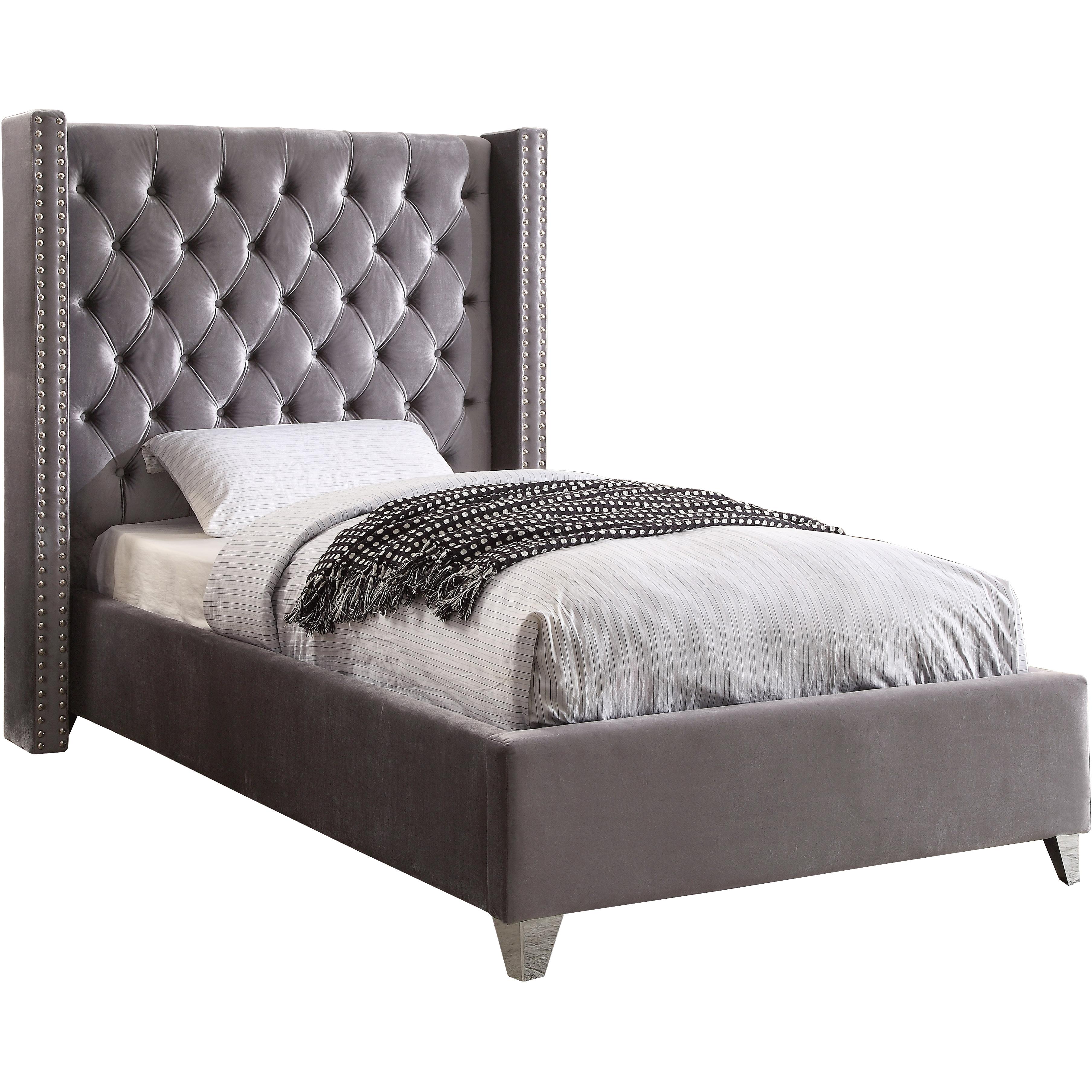 Meridian Aiden Grey Velvet Twin Bed