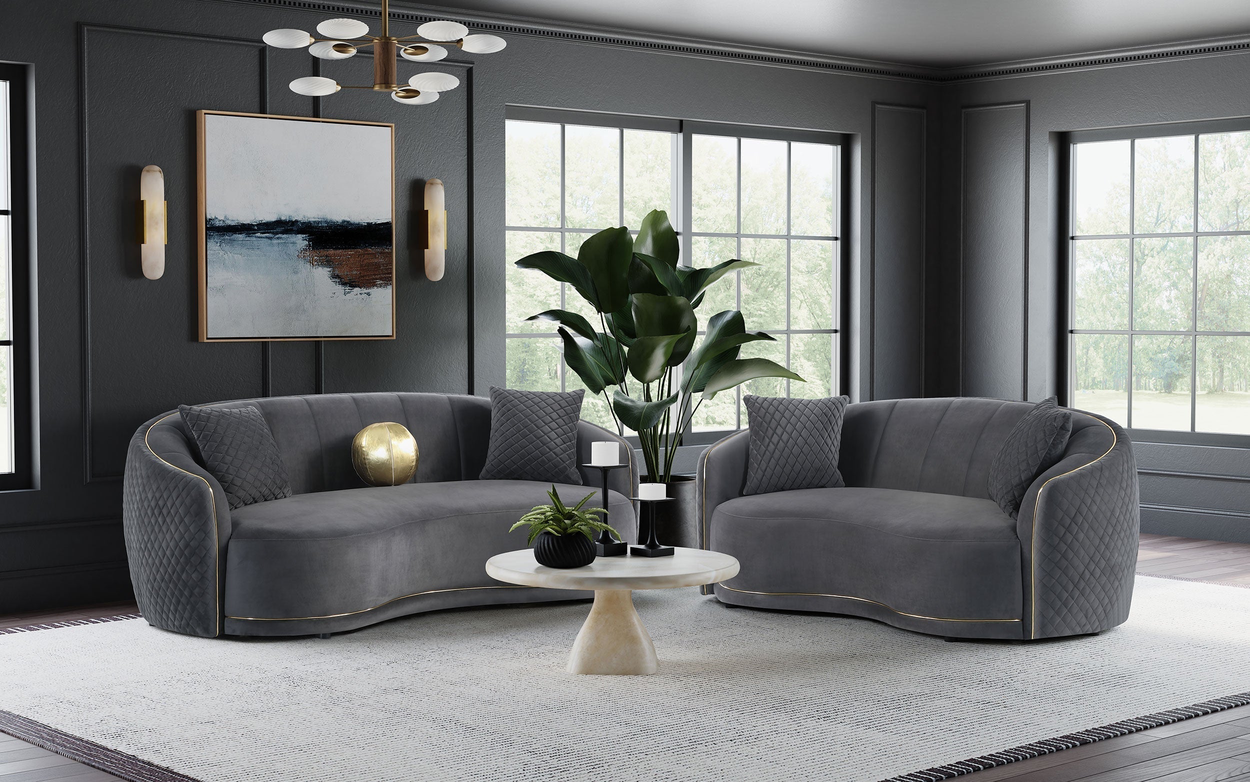 Brookside Velvet Upholstered Curved Loveseat Dark Grey