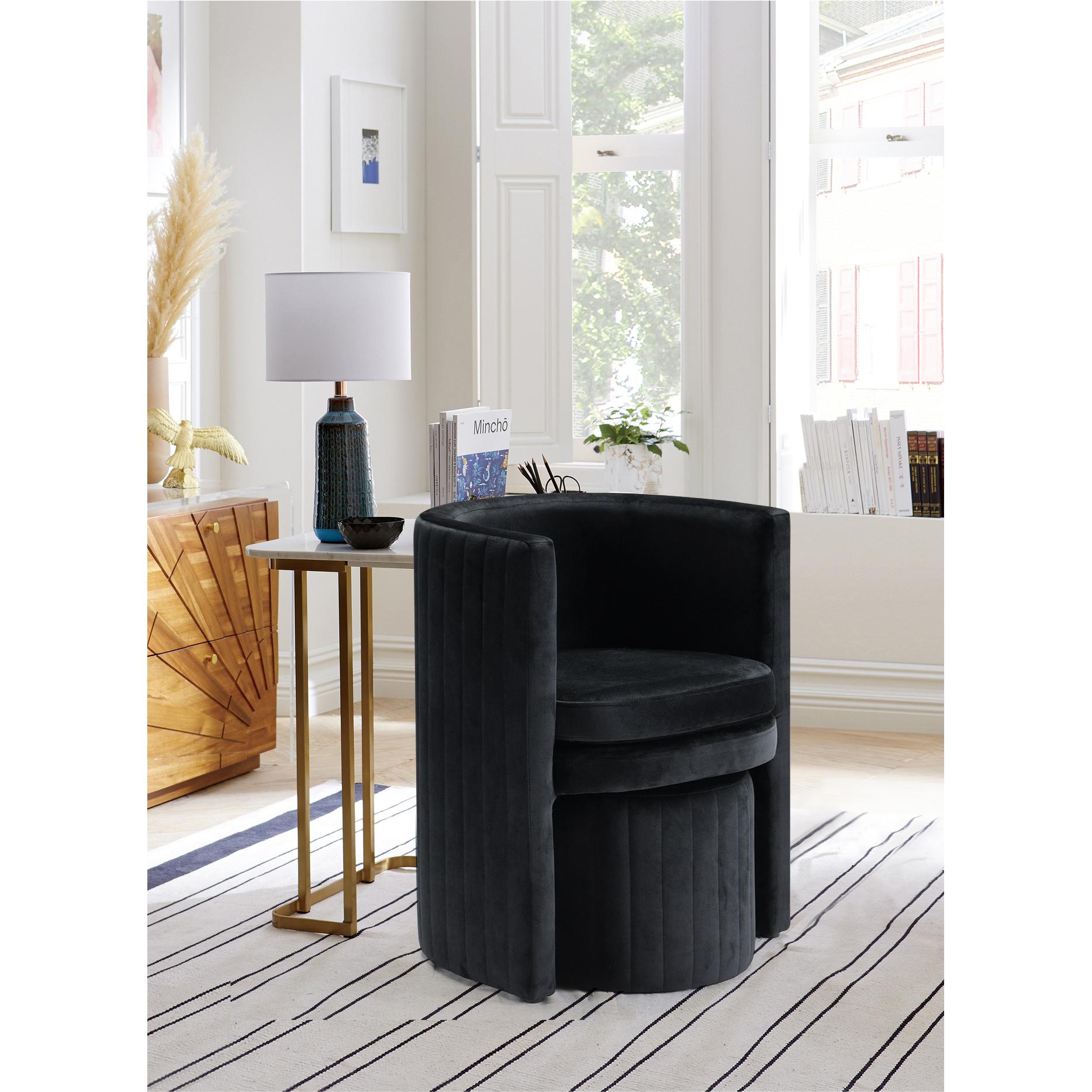 Meridian Selena Black Velvet Accent Chair and Ottoman Set