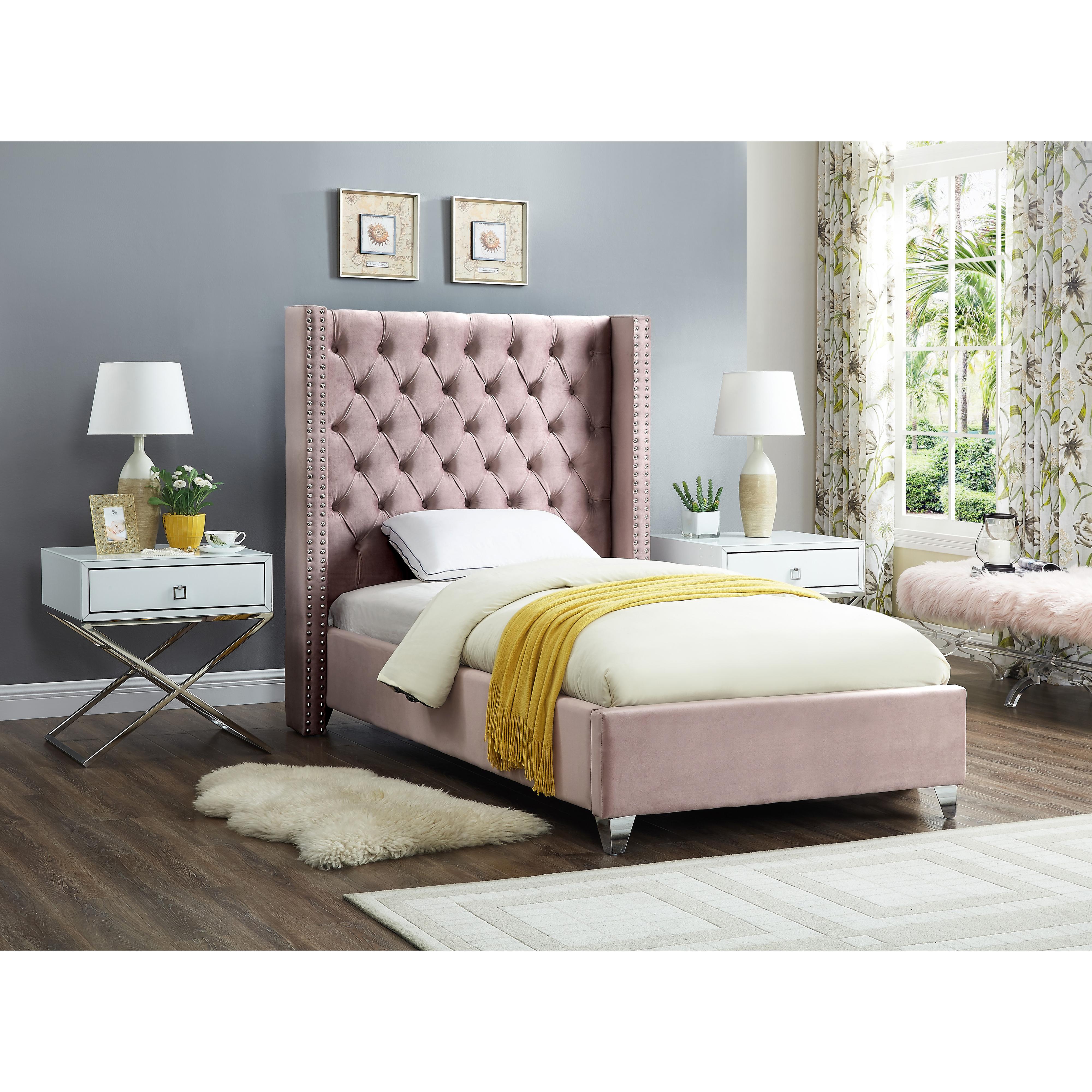 Meridian Aiden Pink Velvet Twin Bed