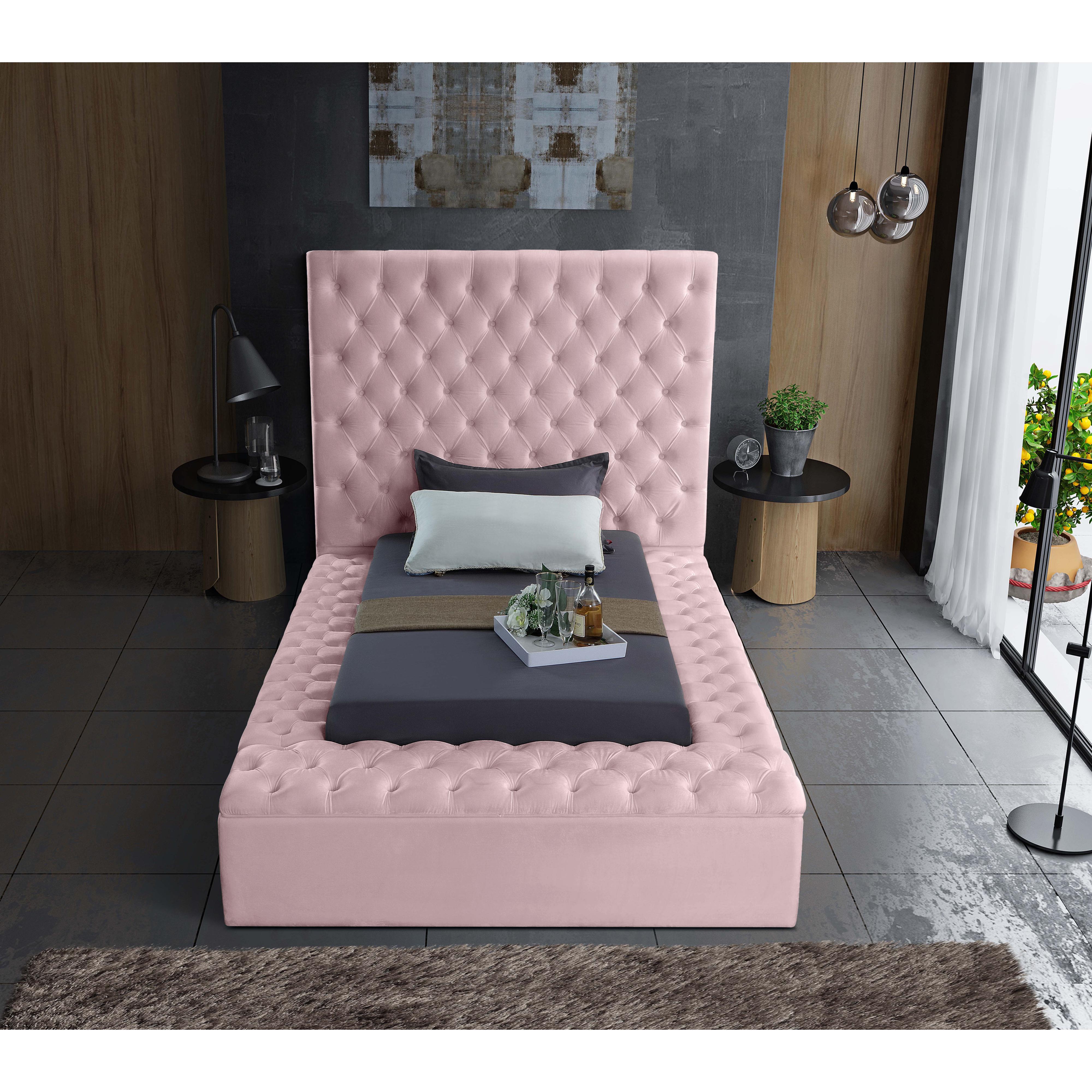 Meridian Bliss Pink Velvet Twin Bed (3 Boxes)