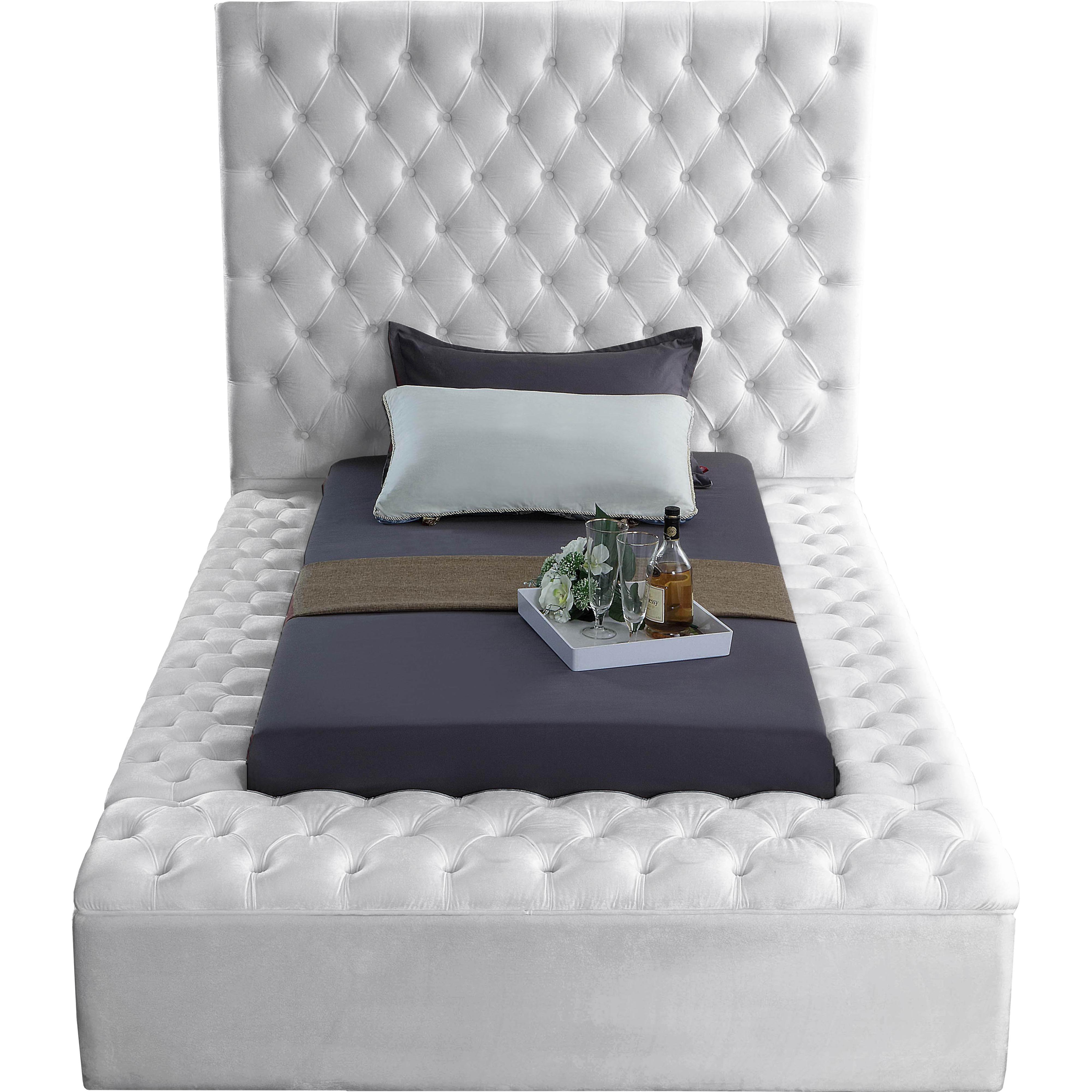 Meridian Bliss White Velvet Twin Bed (3 Boxes)