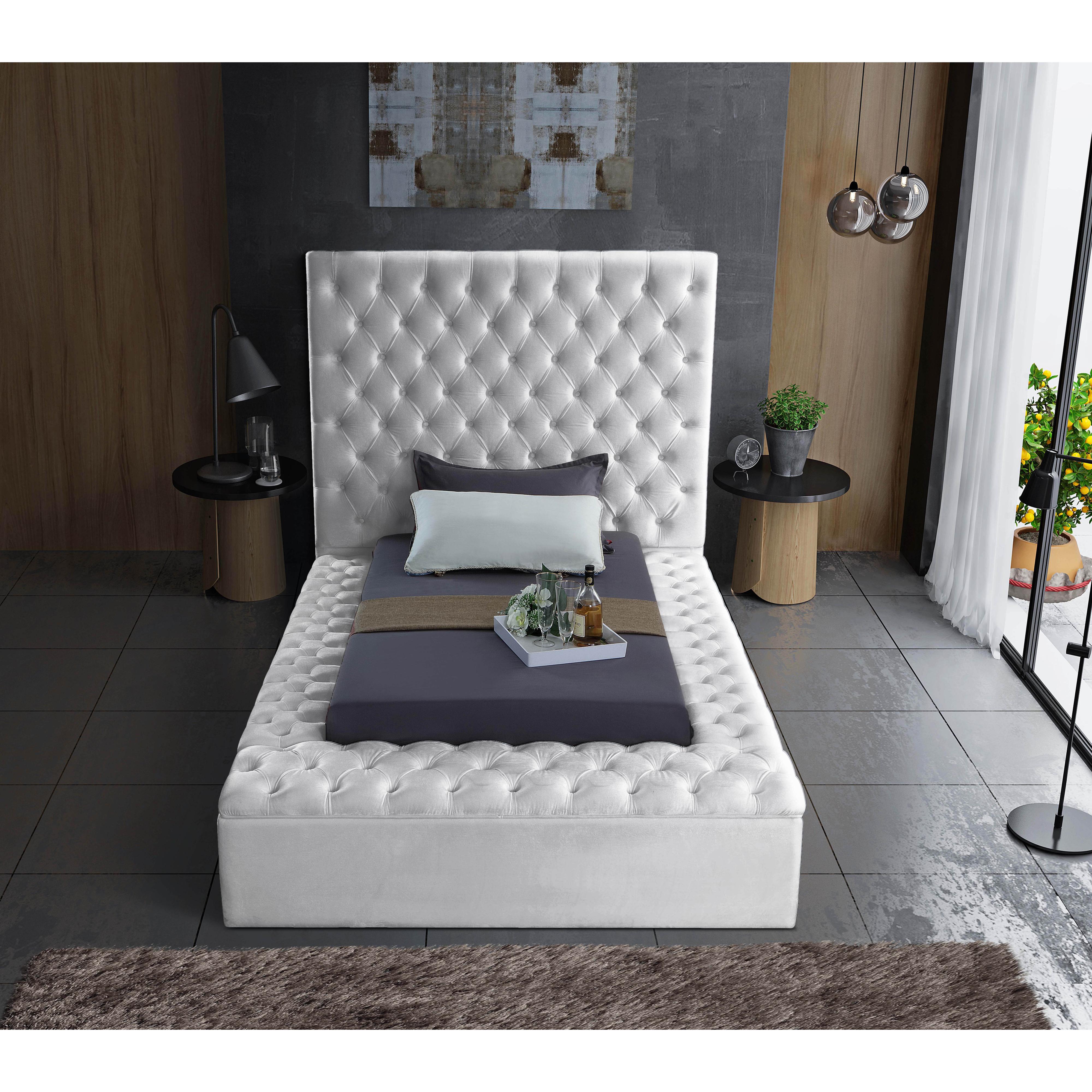 Meridian Bliss White Velvet Twin Bed (3 Boxes)