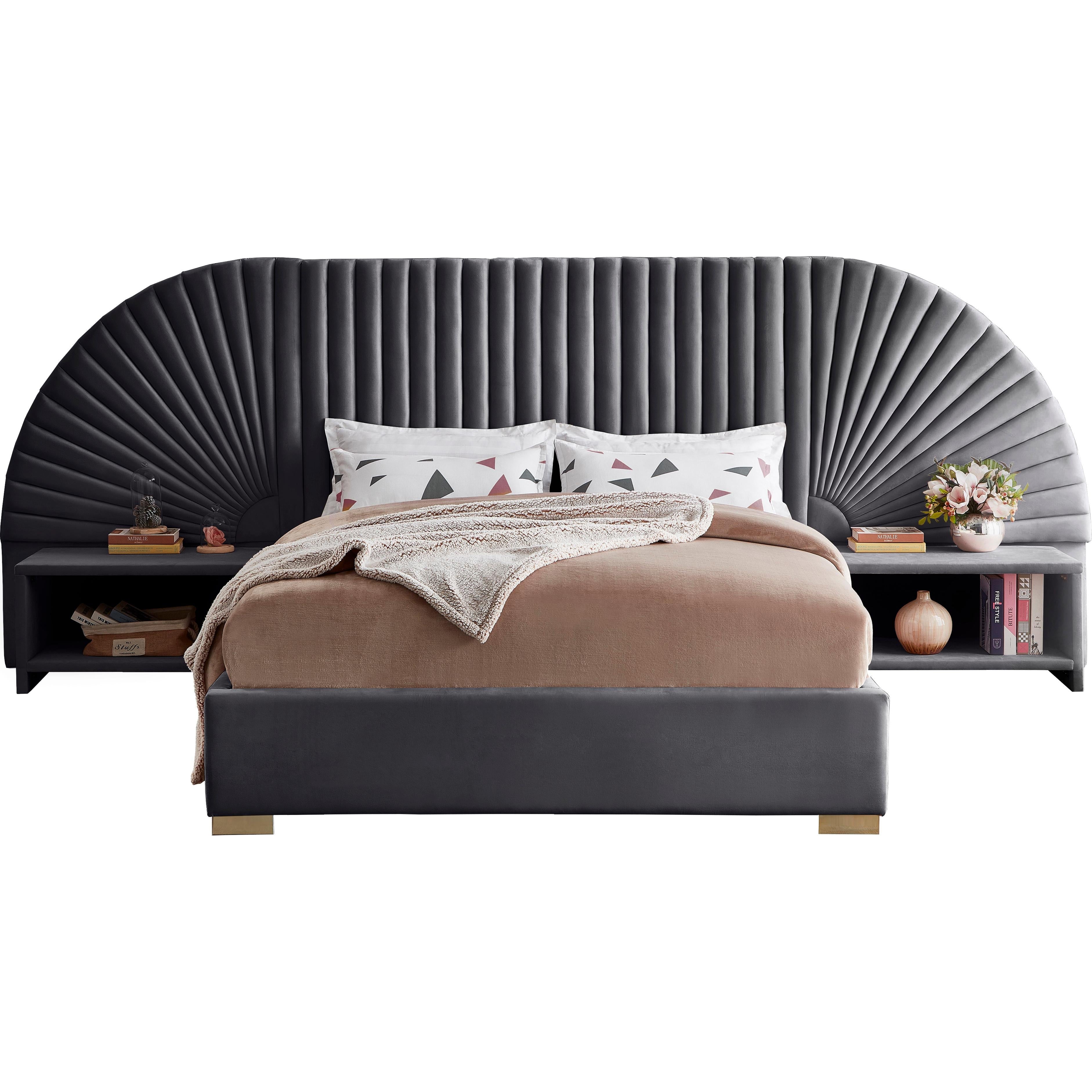 Meridian Cleo Grey Velvet King Bed (3 Boxes)