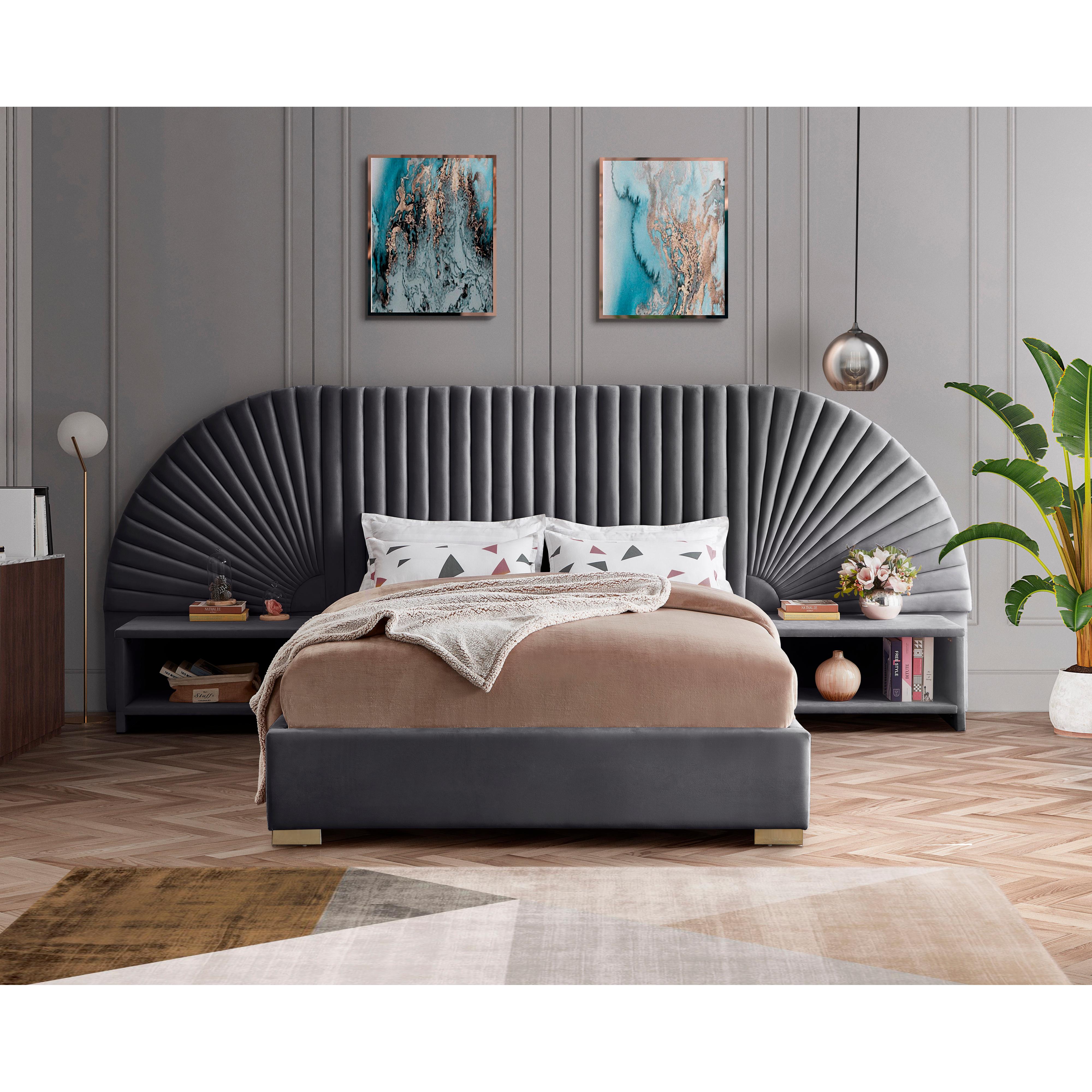 Meridian Cleo Grey Velvet King Bed (3 Boxes)