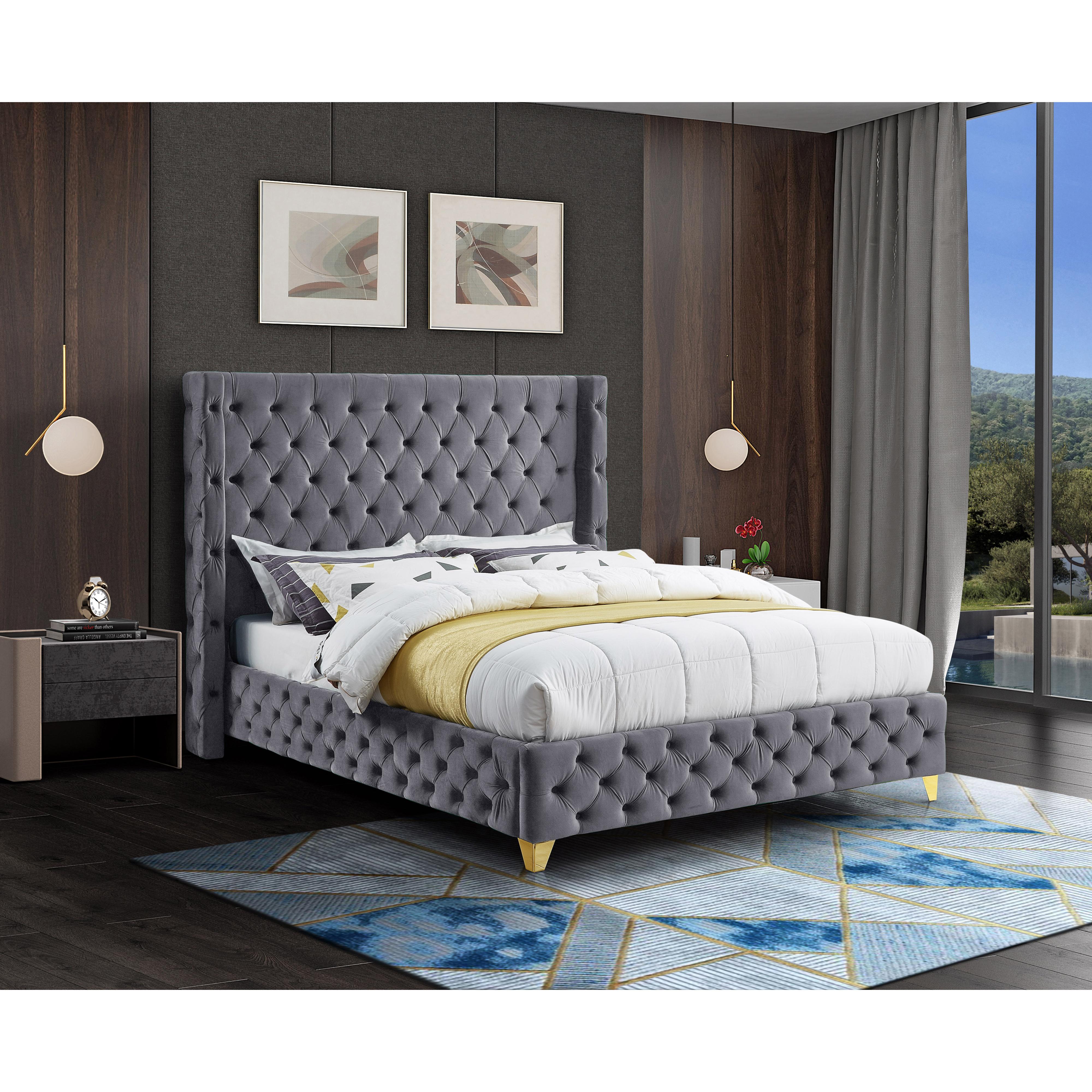 Meridian Savan Grey Velvet King Bed