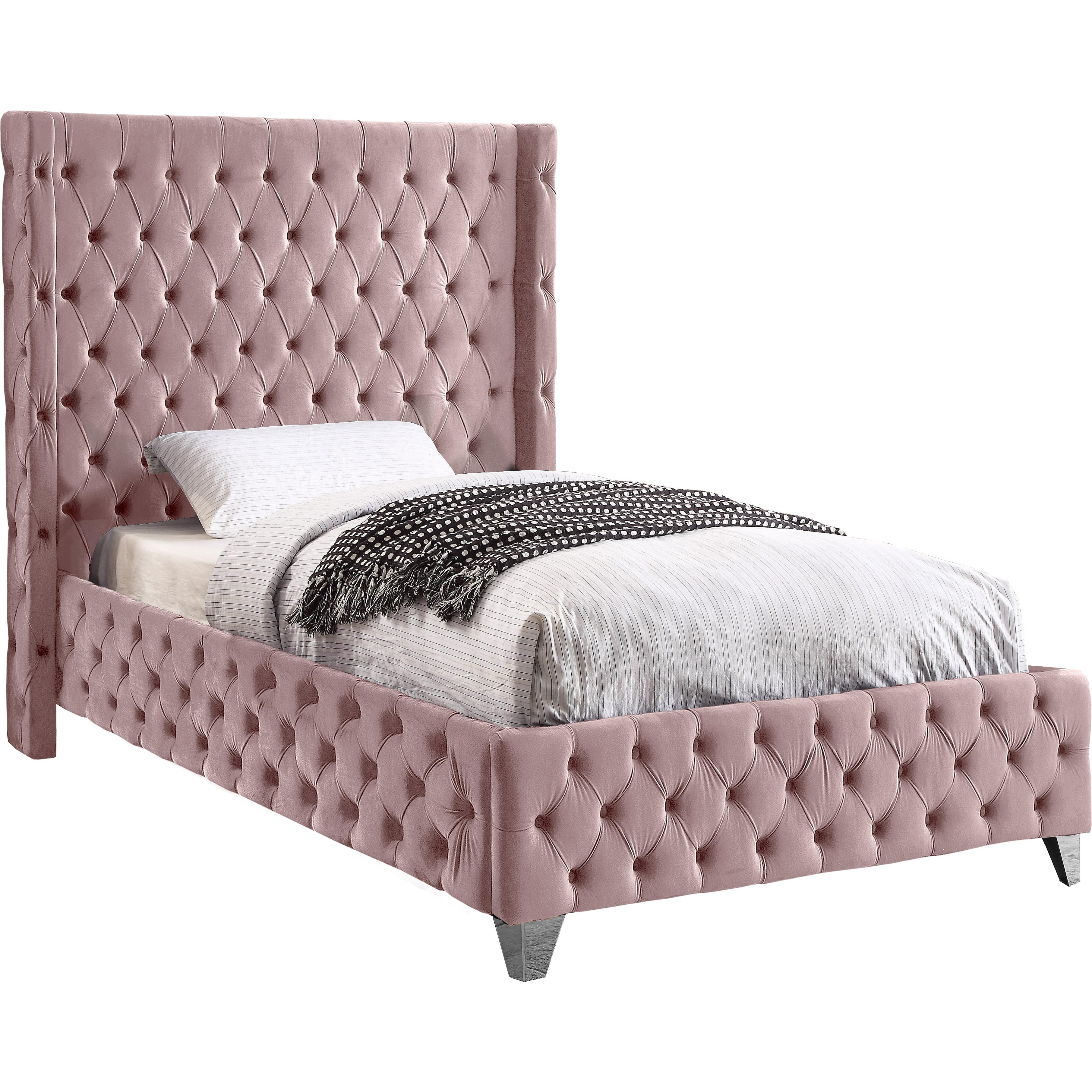 Meridian Savan Pink Velvet Twin Bed