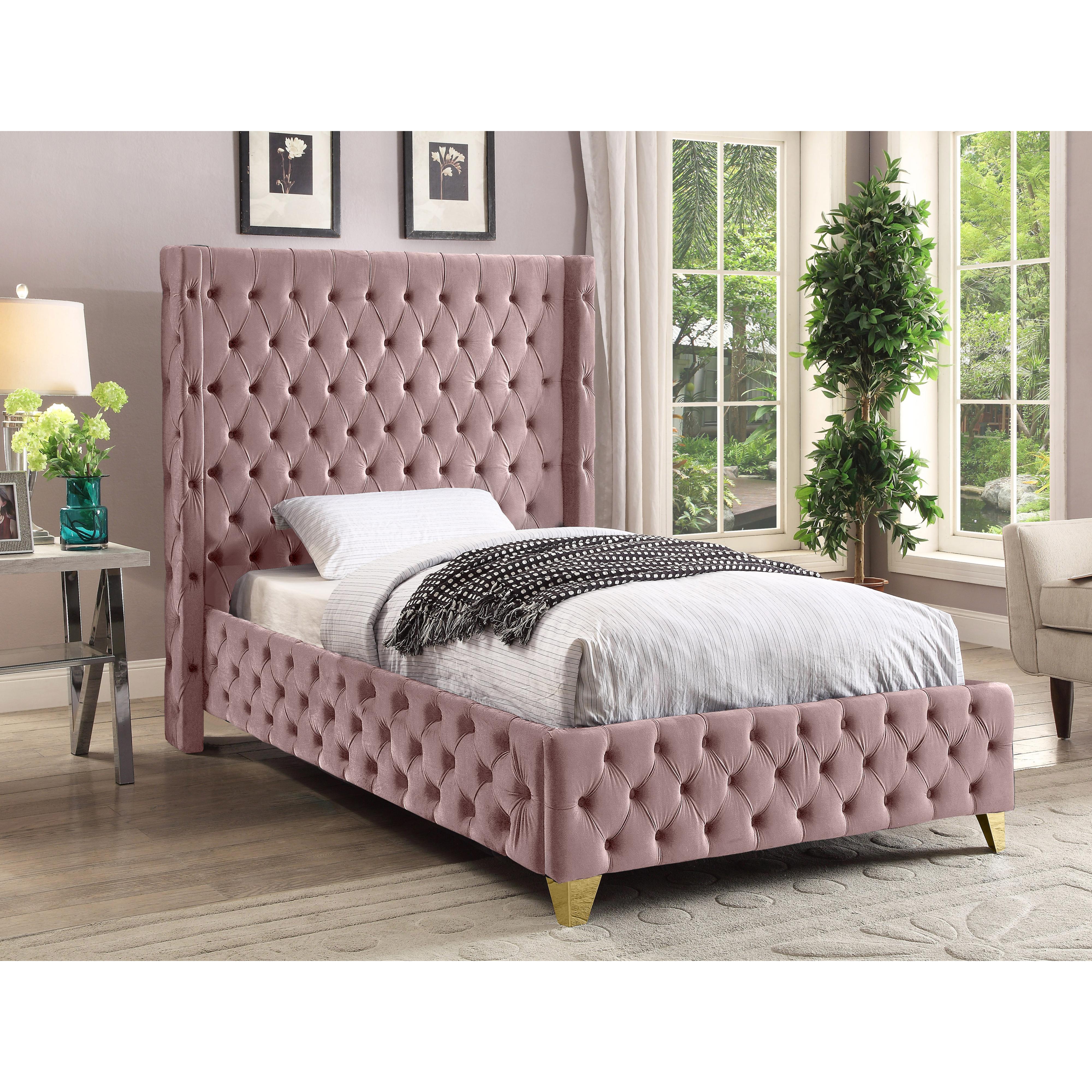 Meridian Savan Pink Velvet Twin Bed