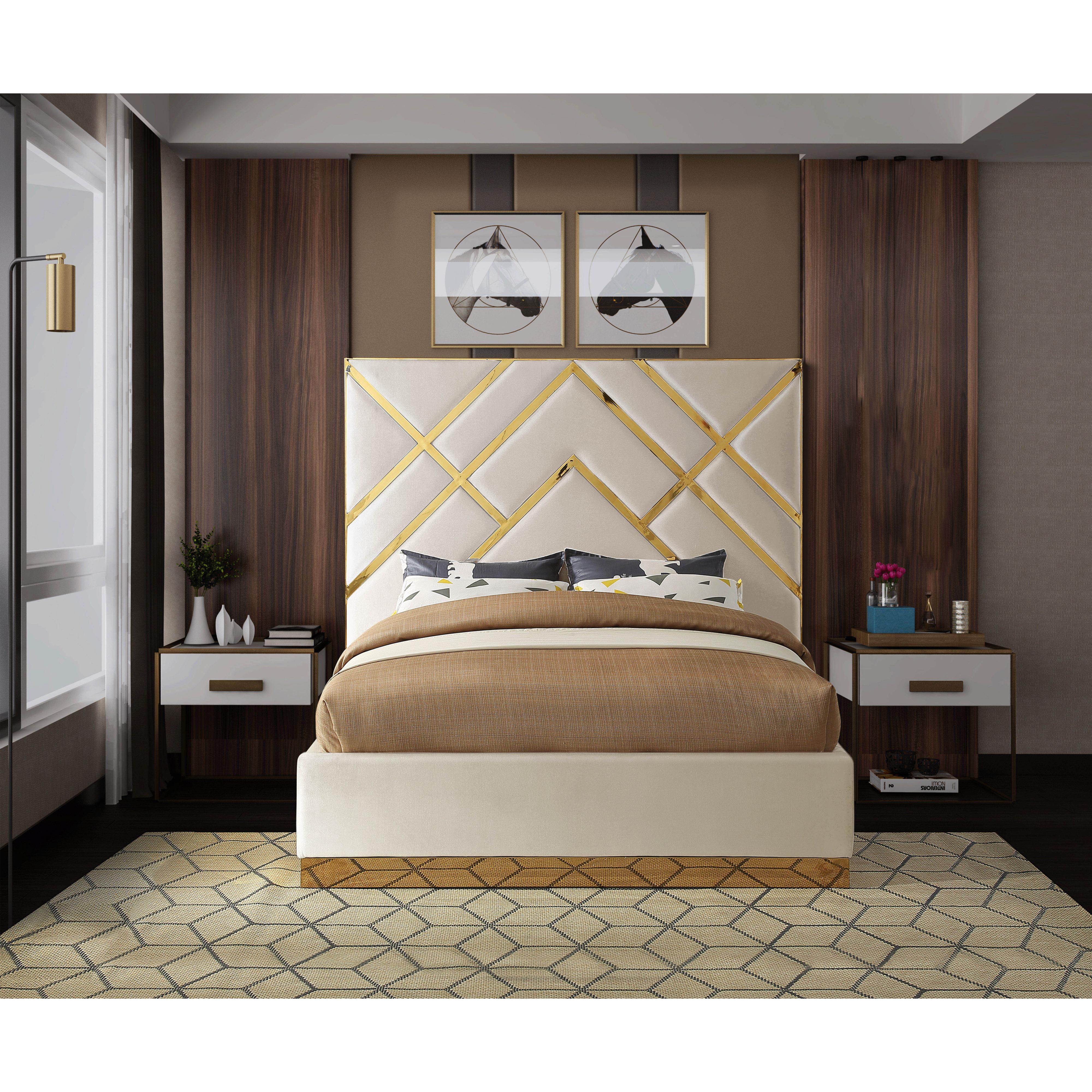 Meridian Vector Cream Velvet Queen Bed