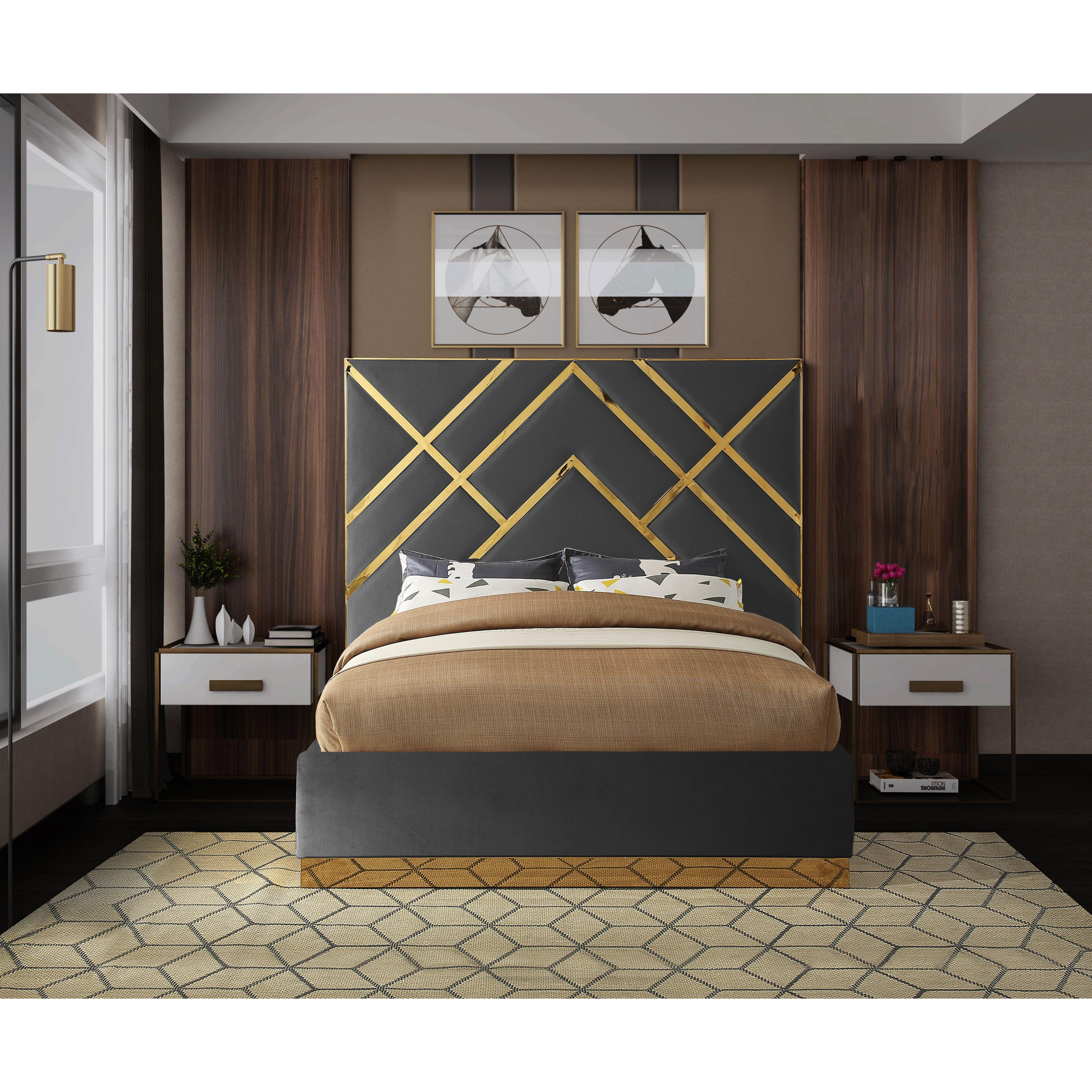 Meridian Vector Grey Velvet Queen Bed