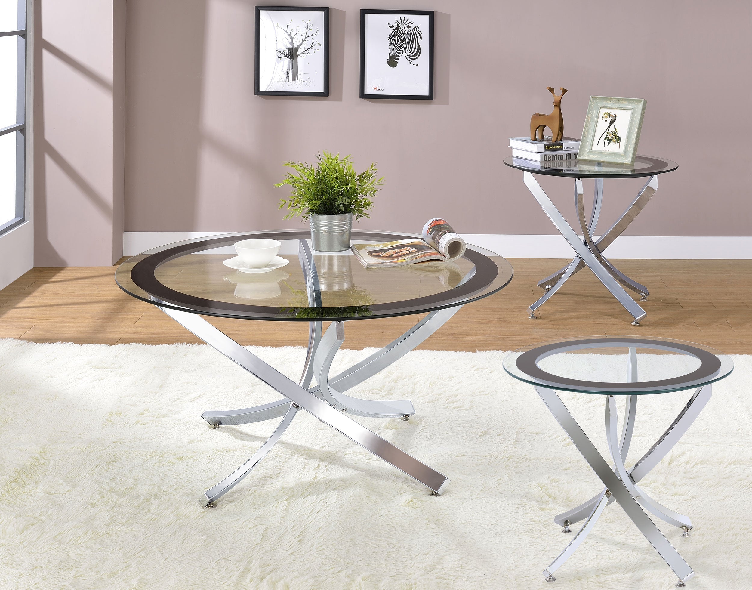 Brooke  Round Glass Top Coffee Table Set Chrome