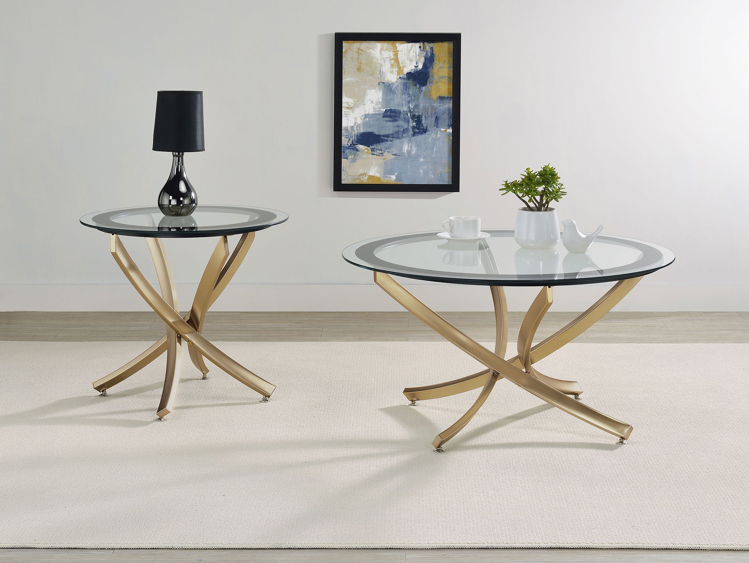 Brooke  Round Glass Top Coffee Table Set Brass