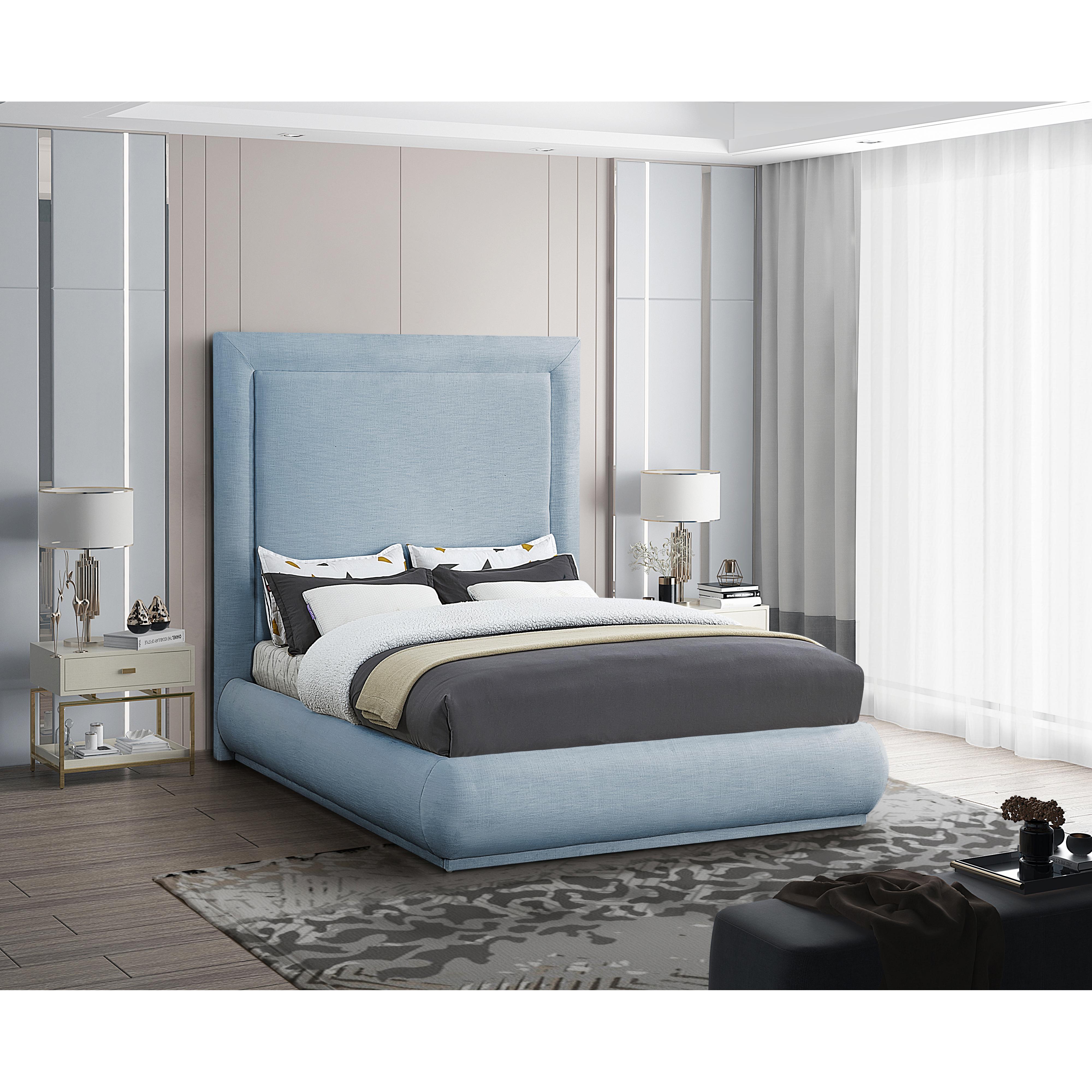 Meridian Brooke Light Blue Linen Textured Fabric King Bed