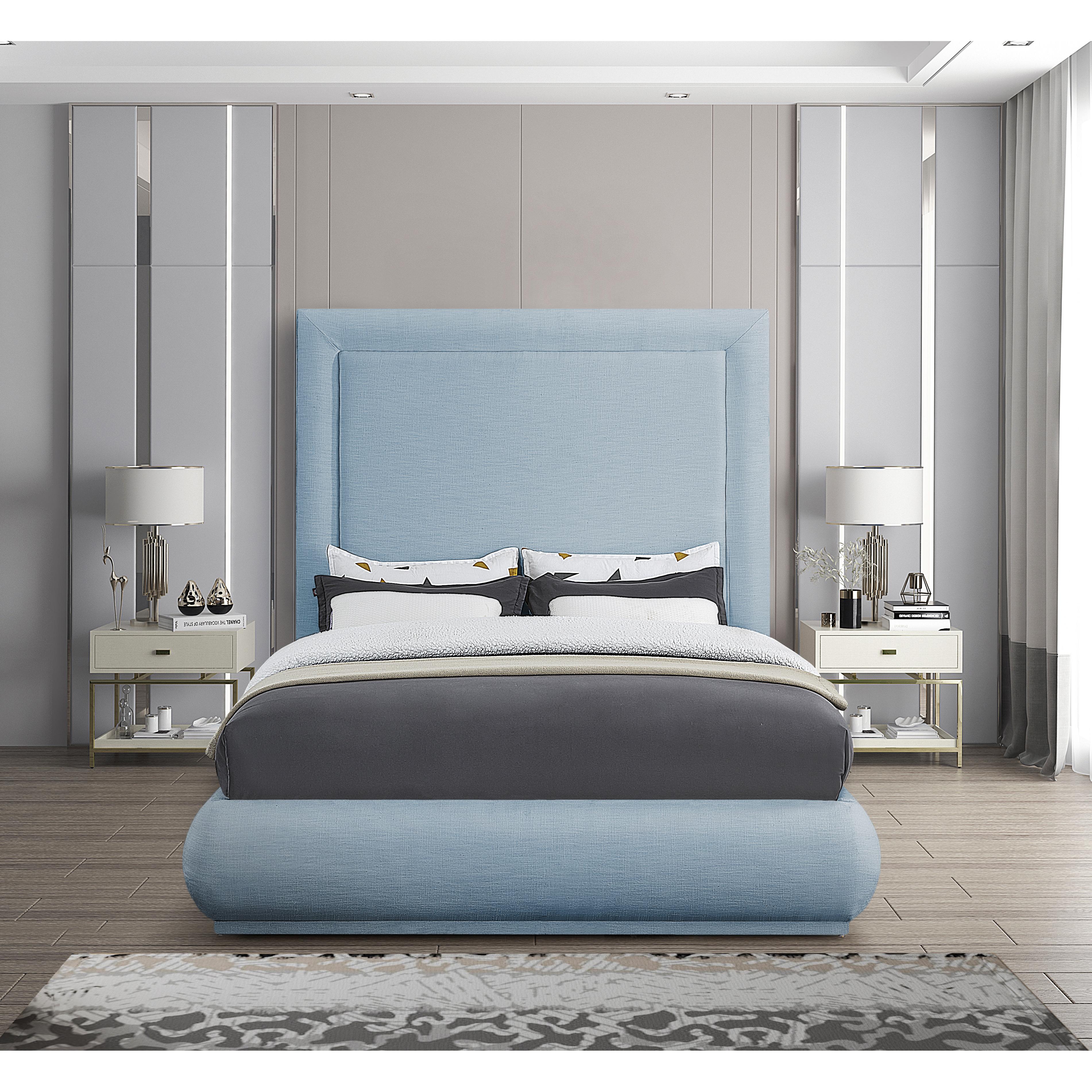 Meridian Brooke Light Blue Linen Textured Fabric King Bed