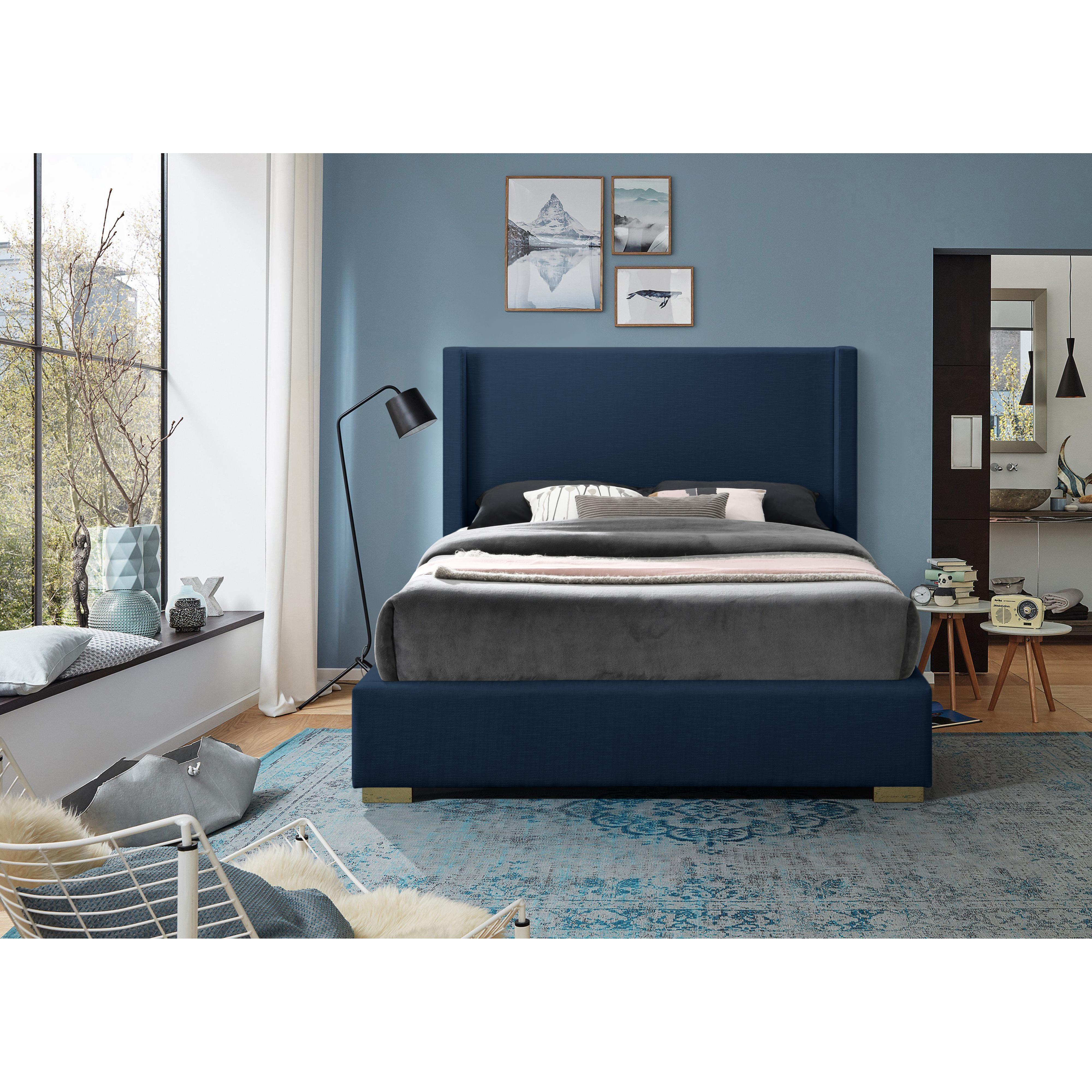 Meridian Royce Navy Linen Textured Fabric King Bed (3 Boxes)