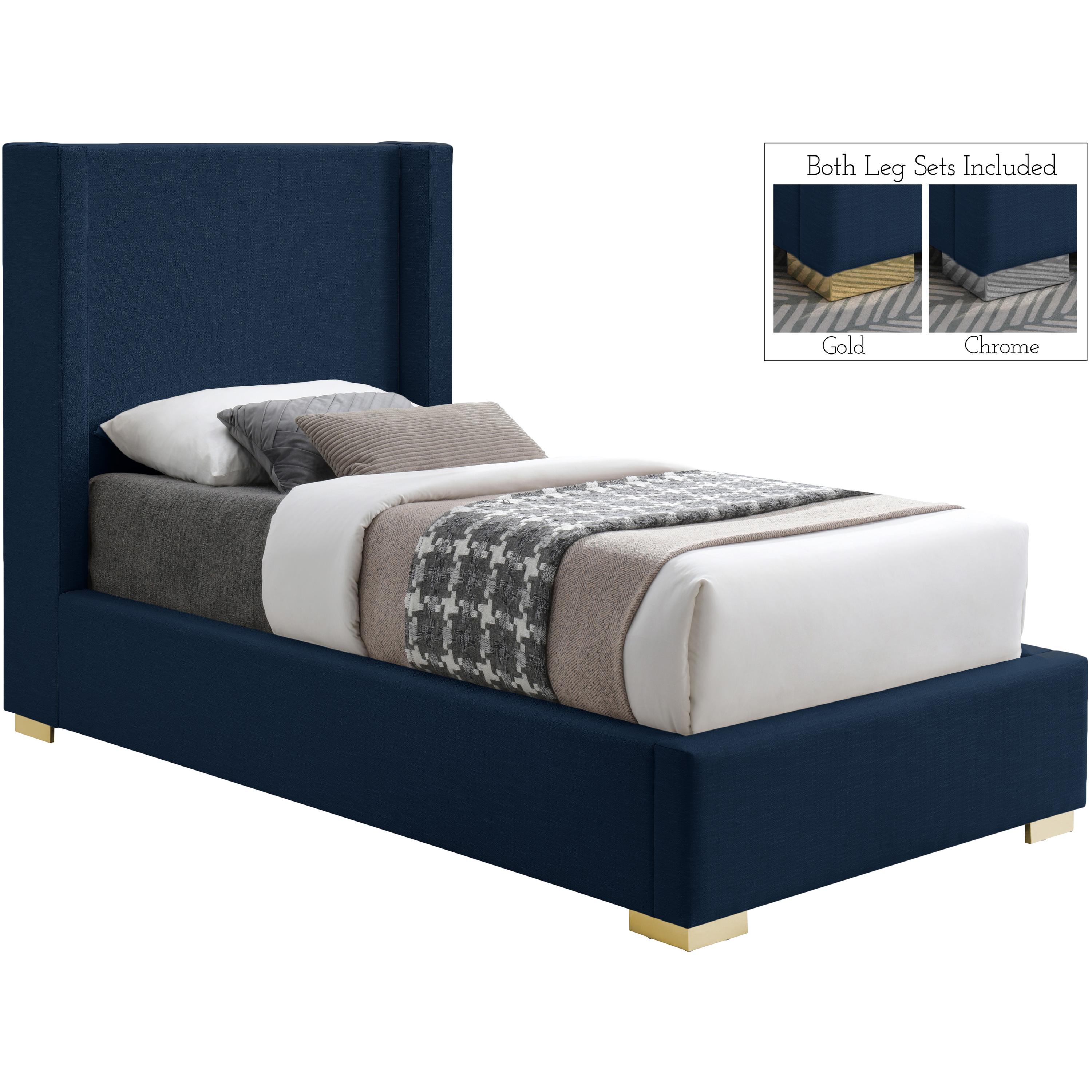 Meridian Royce Navy Linen Textured Fabric Twin Bed (3 Boxes)