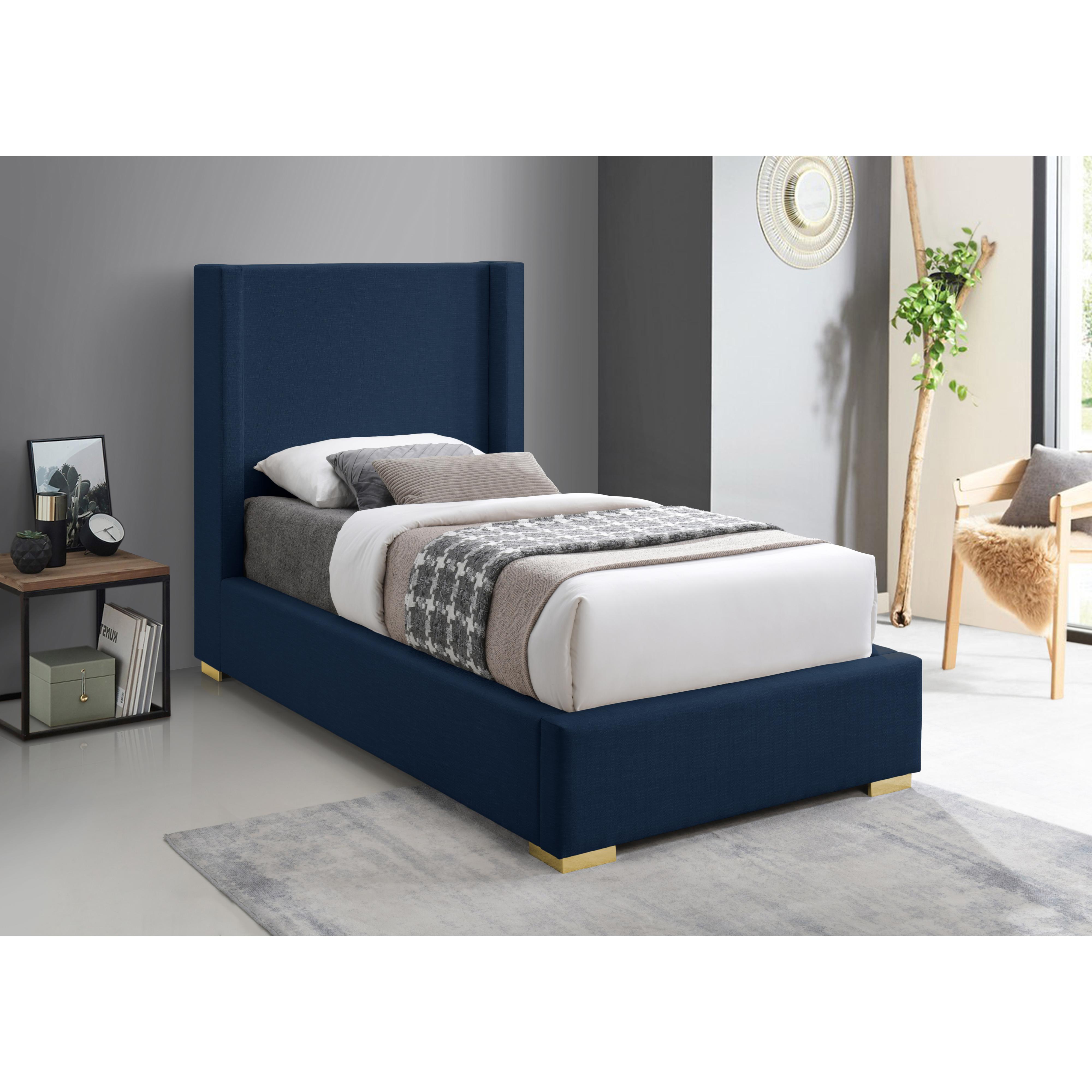 Meridian Royce Navy Linen Textured Fabric Twin Bed (3 Boxes)