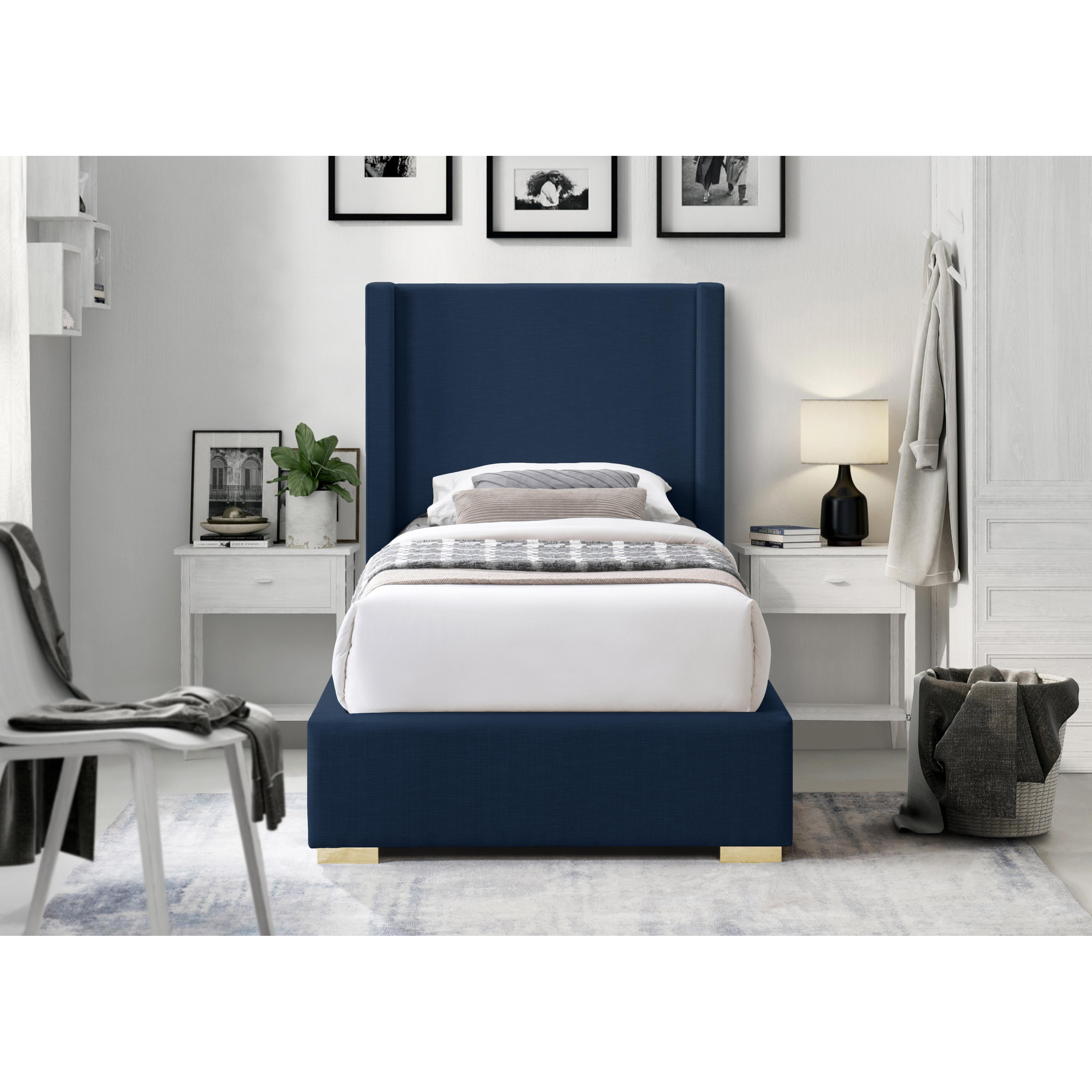 Meridian Royce Navy Linen Textured Fabric Twin Bed (3 Boxes)