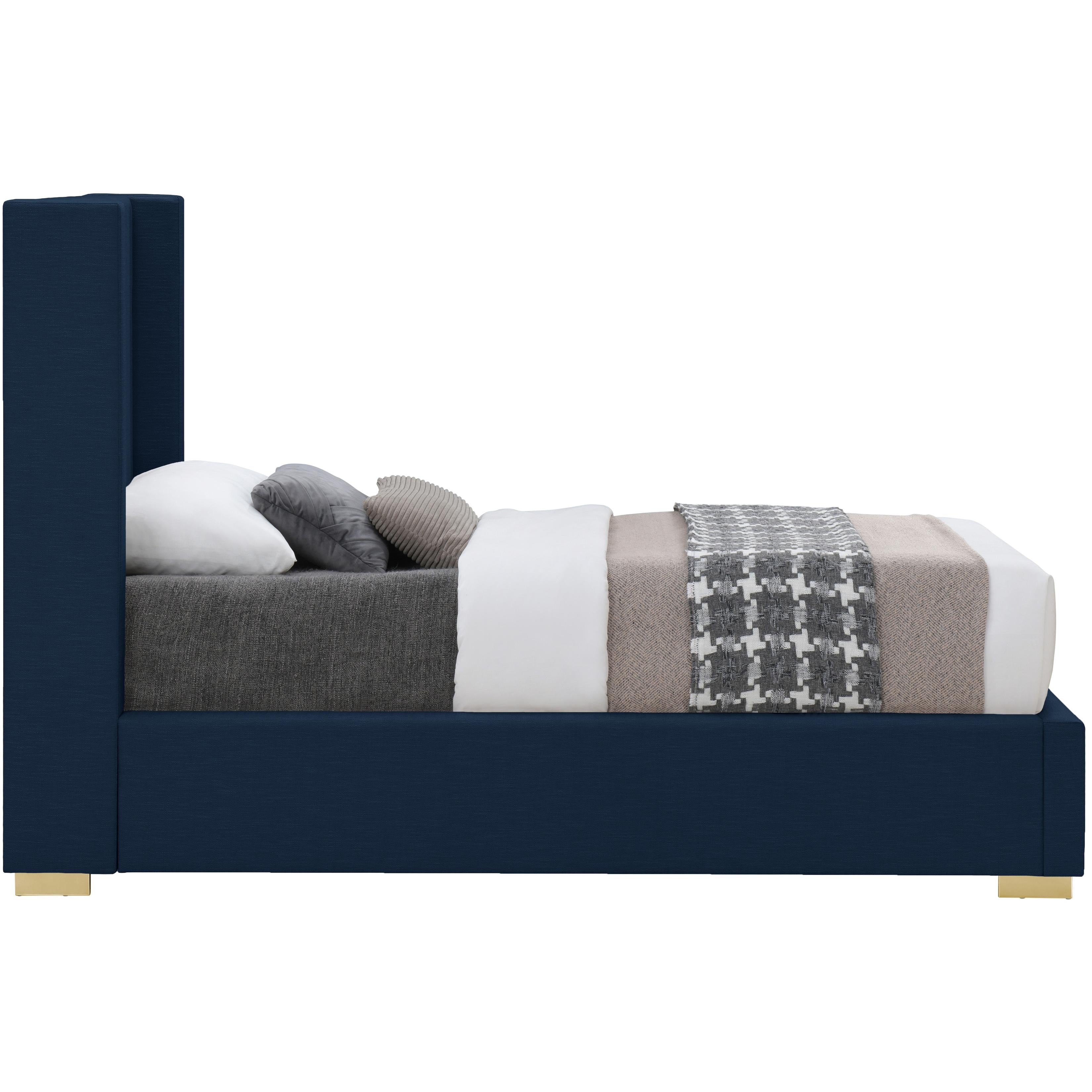 Meridian Royce Navy Linen Textured Fabric Twin Bed (3 Boxes)