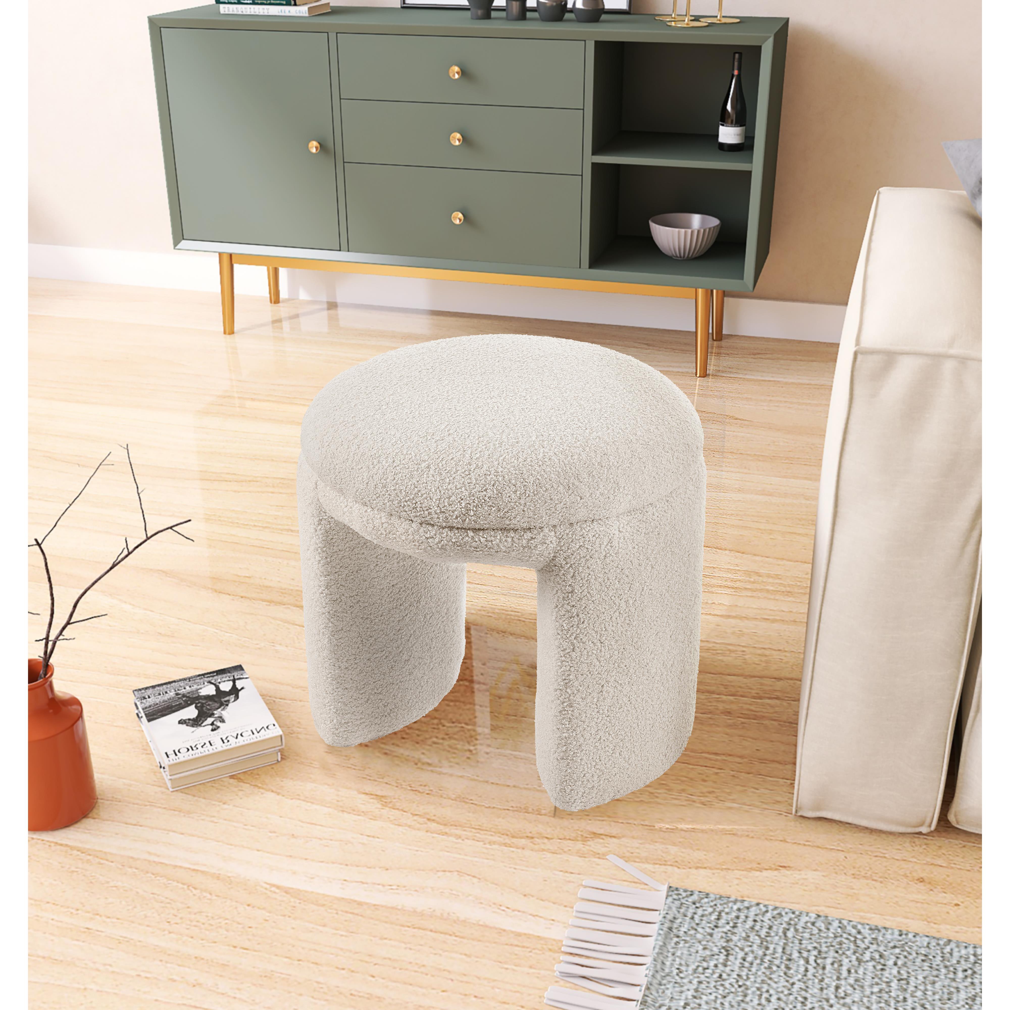 Meridian Bowen Beige Faux Shearling Teddy Fabric Ottoman/Stool