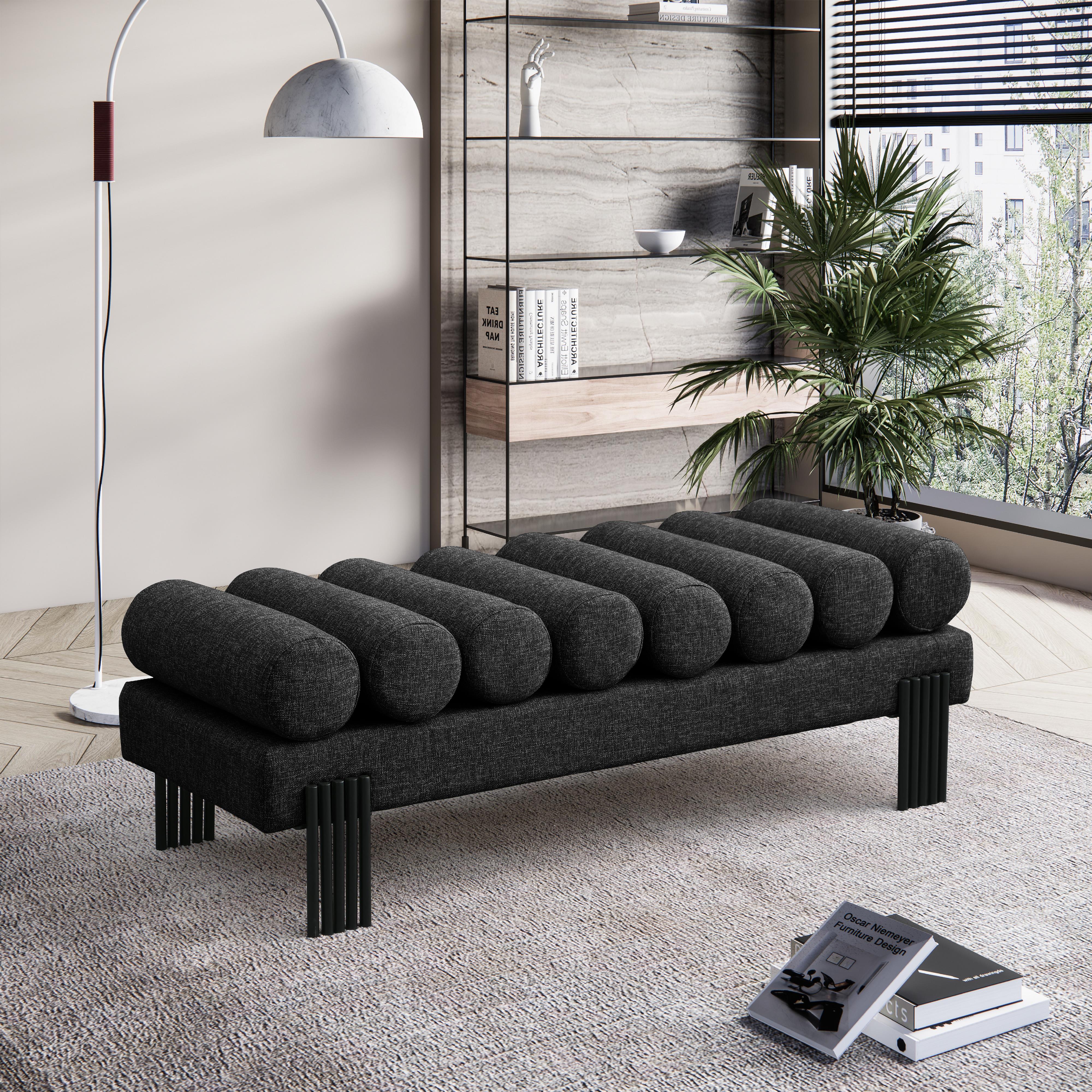 Meridian Akeela Black Linen Textured Fabric Bench