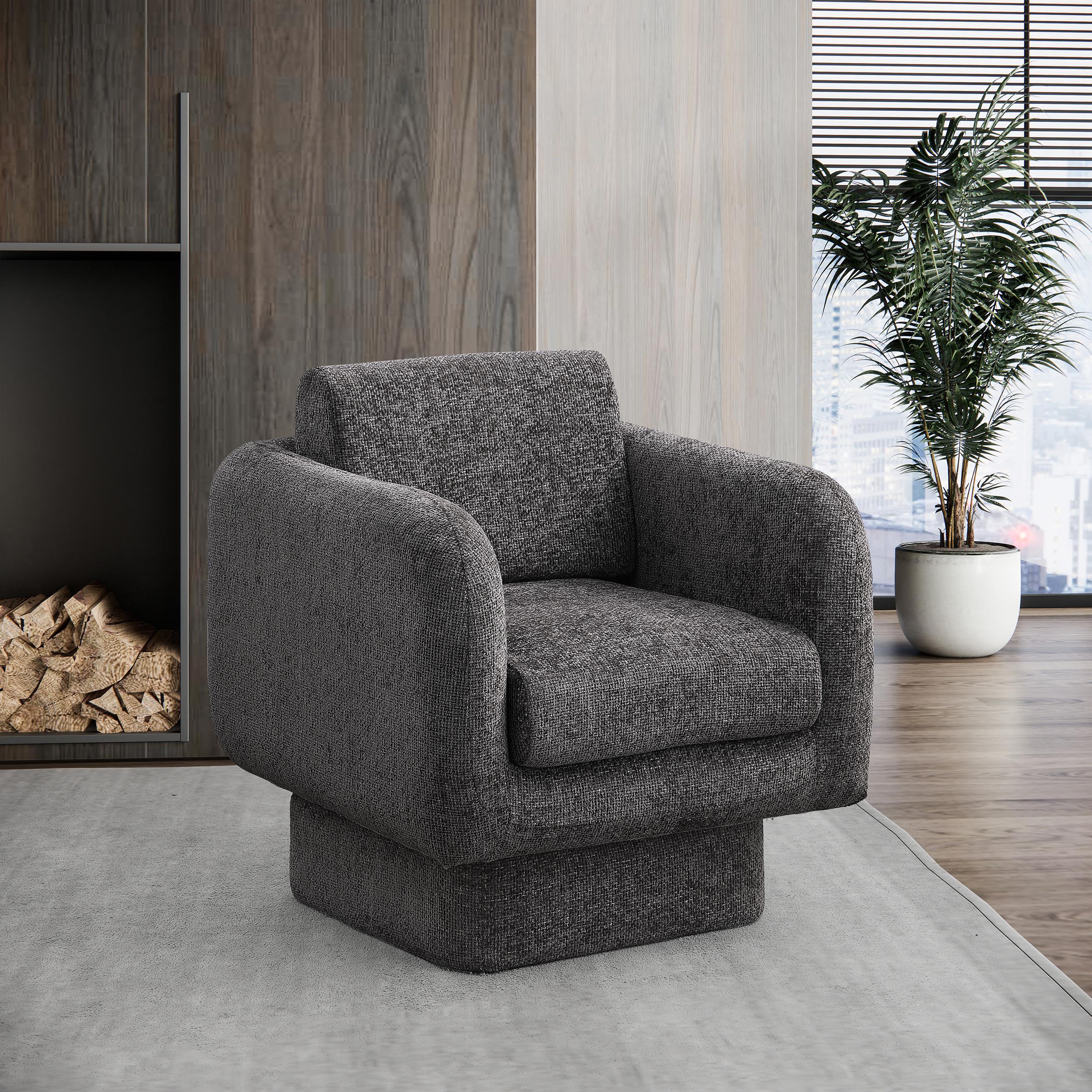 Meridian Alessandra Grey Chenille Fabric Swivel Accent Chair