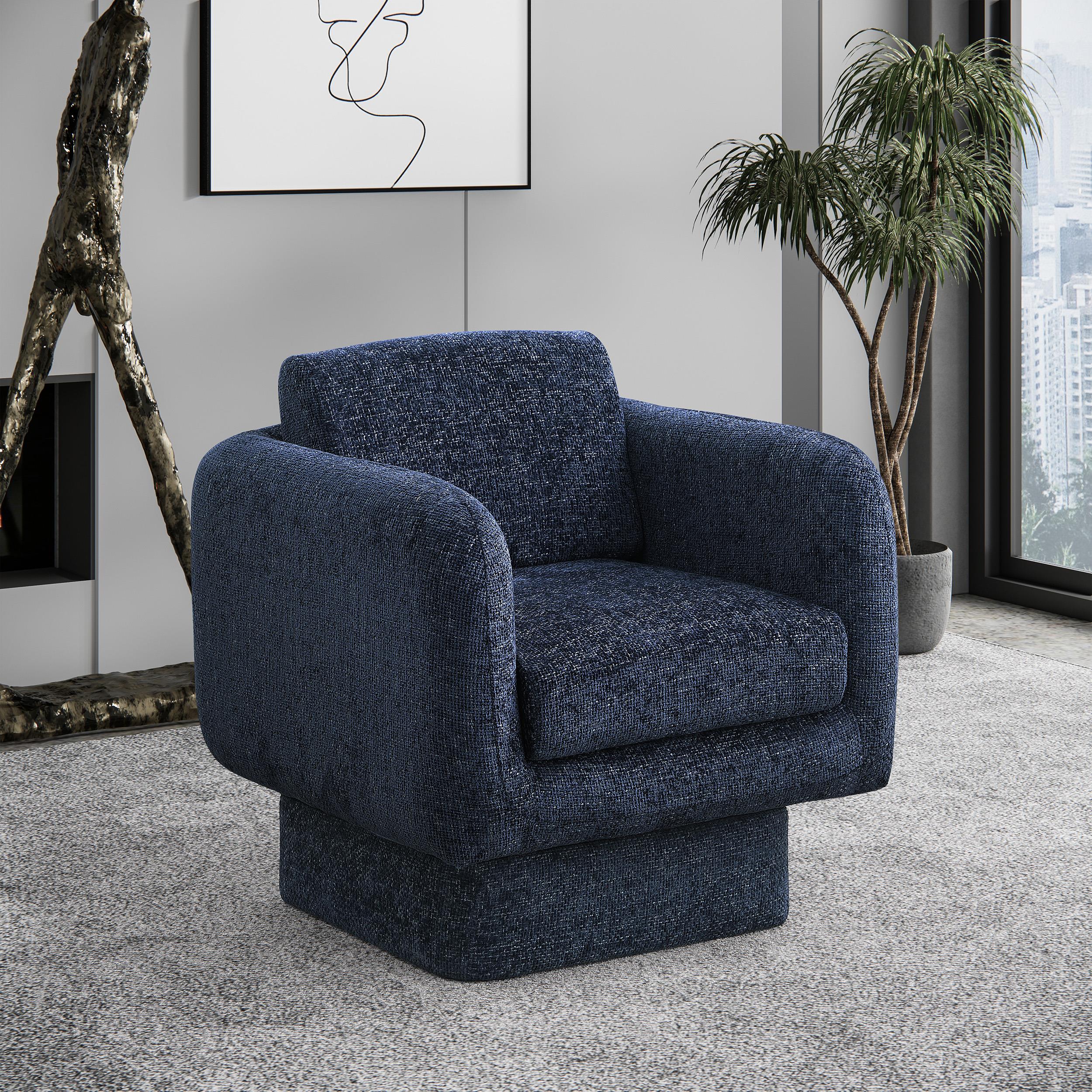 Meridian Alessandra Navy Chenille Fabric Swivel Accent Chair