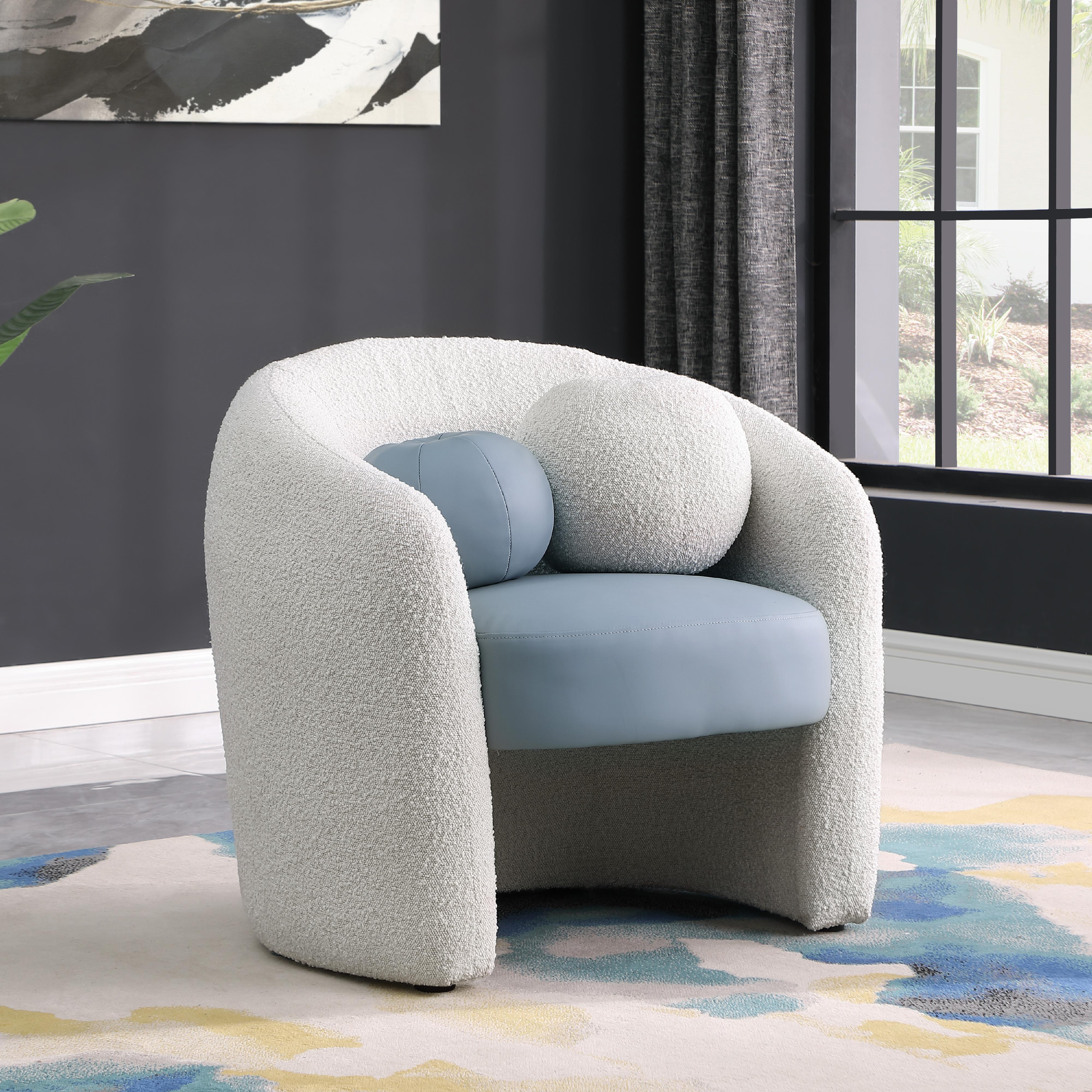 Meridian Acadia Blue Vegan Leather / Cream Boucle Fabric Accent Chair