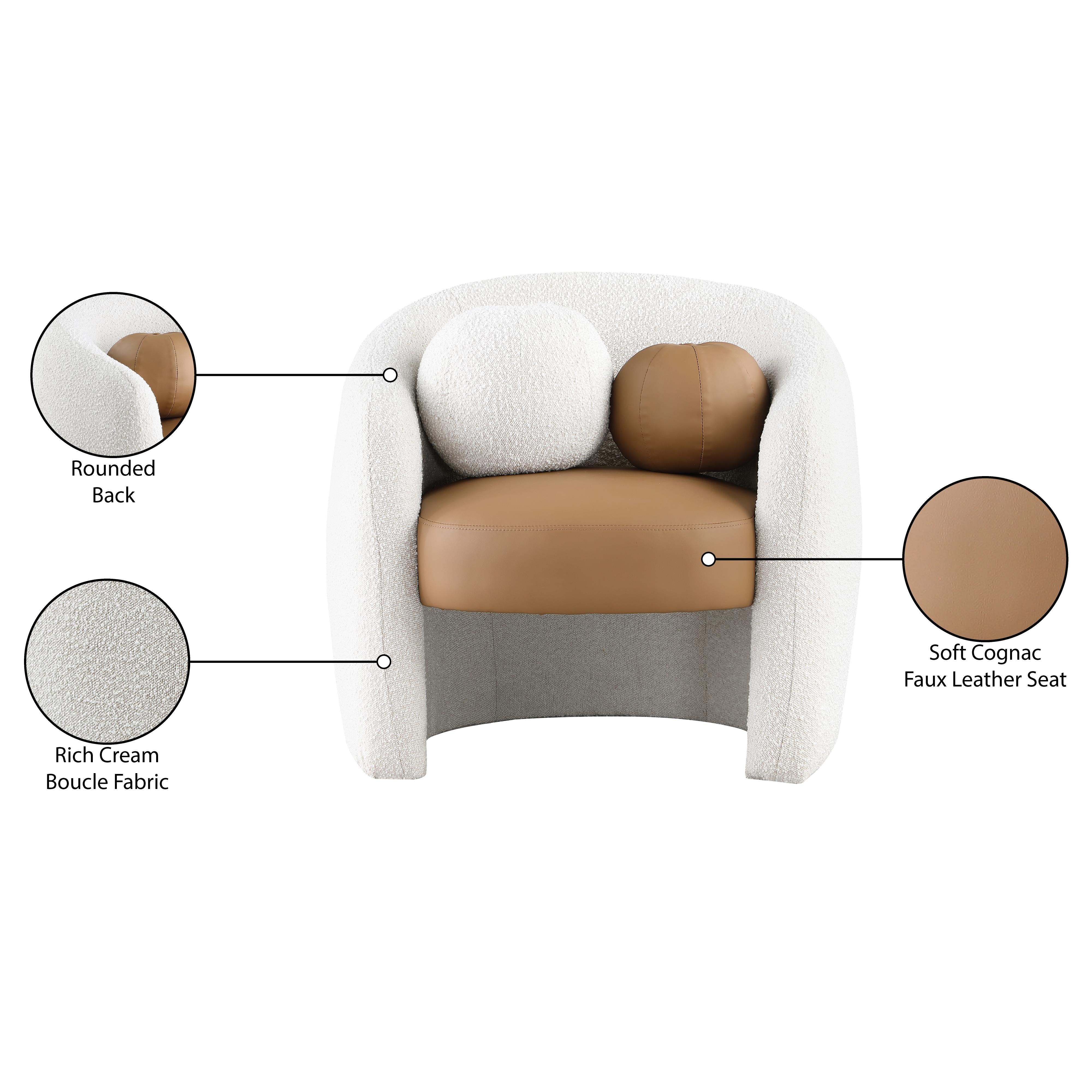 Meridian Acadia Cognac Vegan Leather / Cream Boucle Fabric Accent Chair