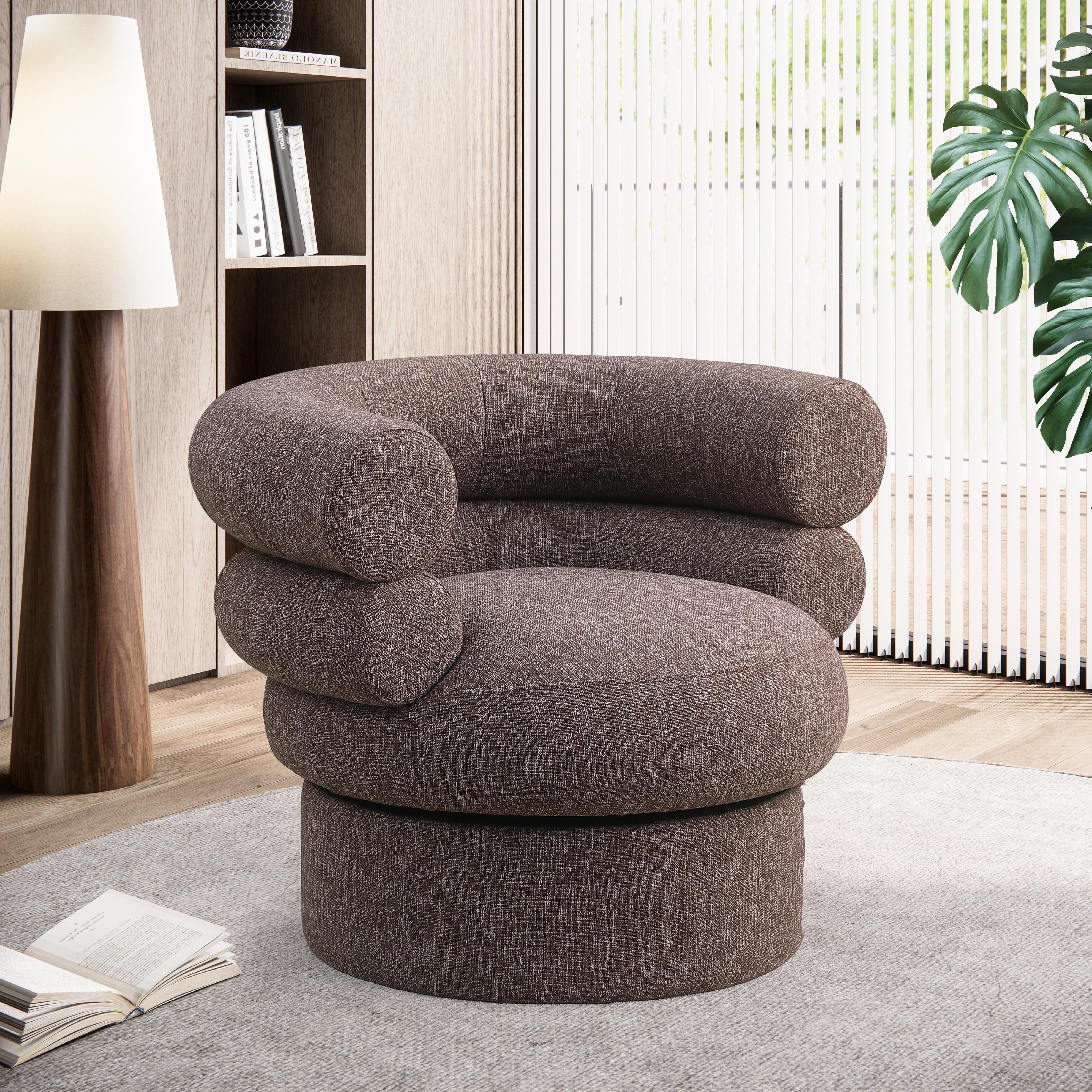 Meridian Valentina Brown Linen Textured Fabric Accent Swivel Chair