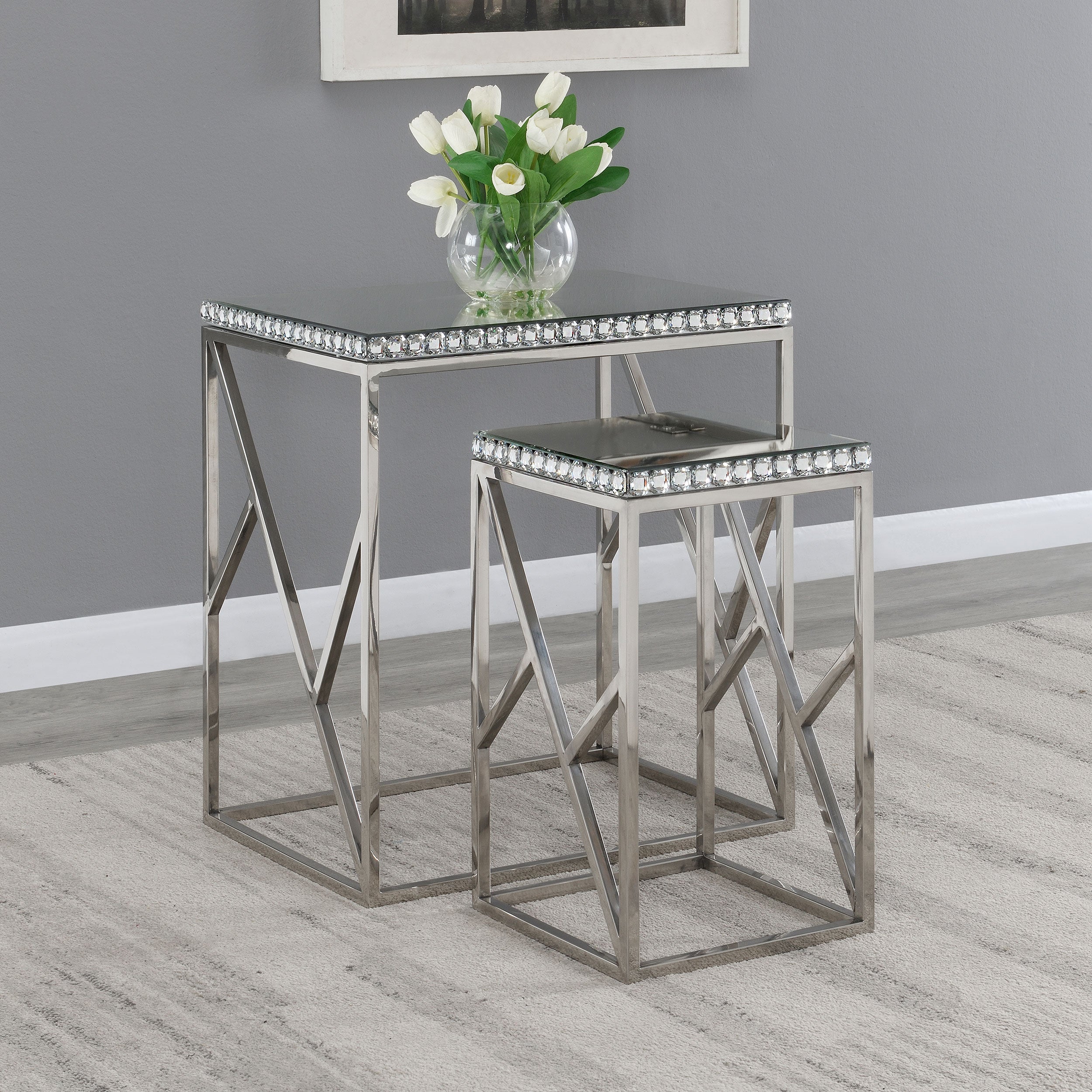 Betsy 2-piece Mirror Top Nesting Tables Silver