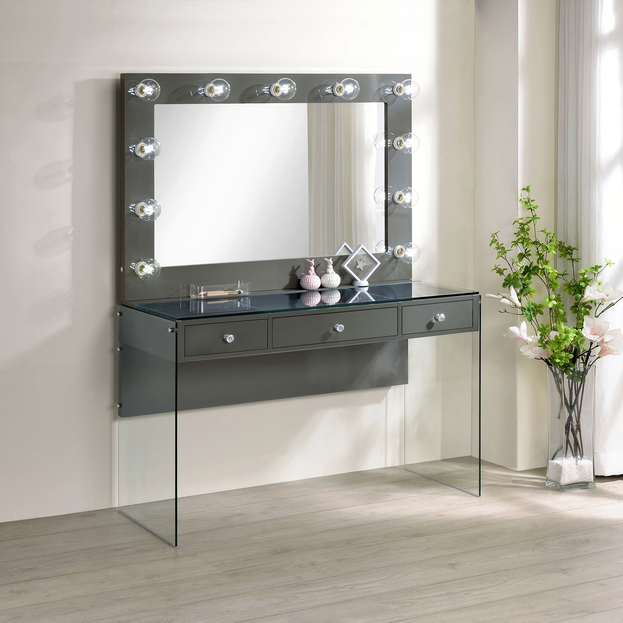 Afshan 3-drawer Vanity Desk with Lighting Mirror Grey High Gloss