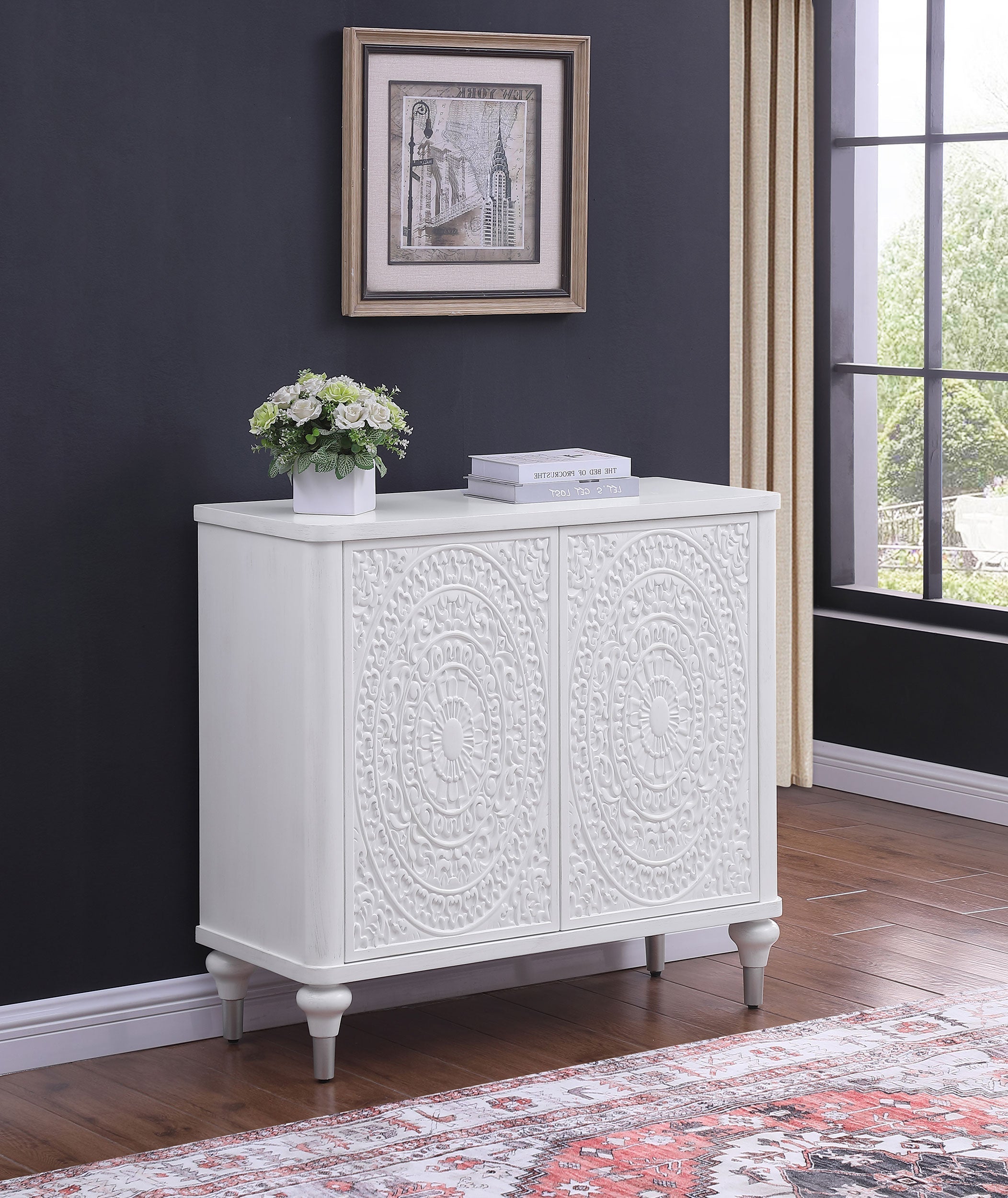 Cardella 2-door Mandala Accent Cabinet Distressed White