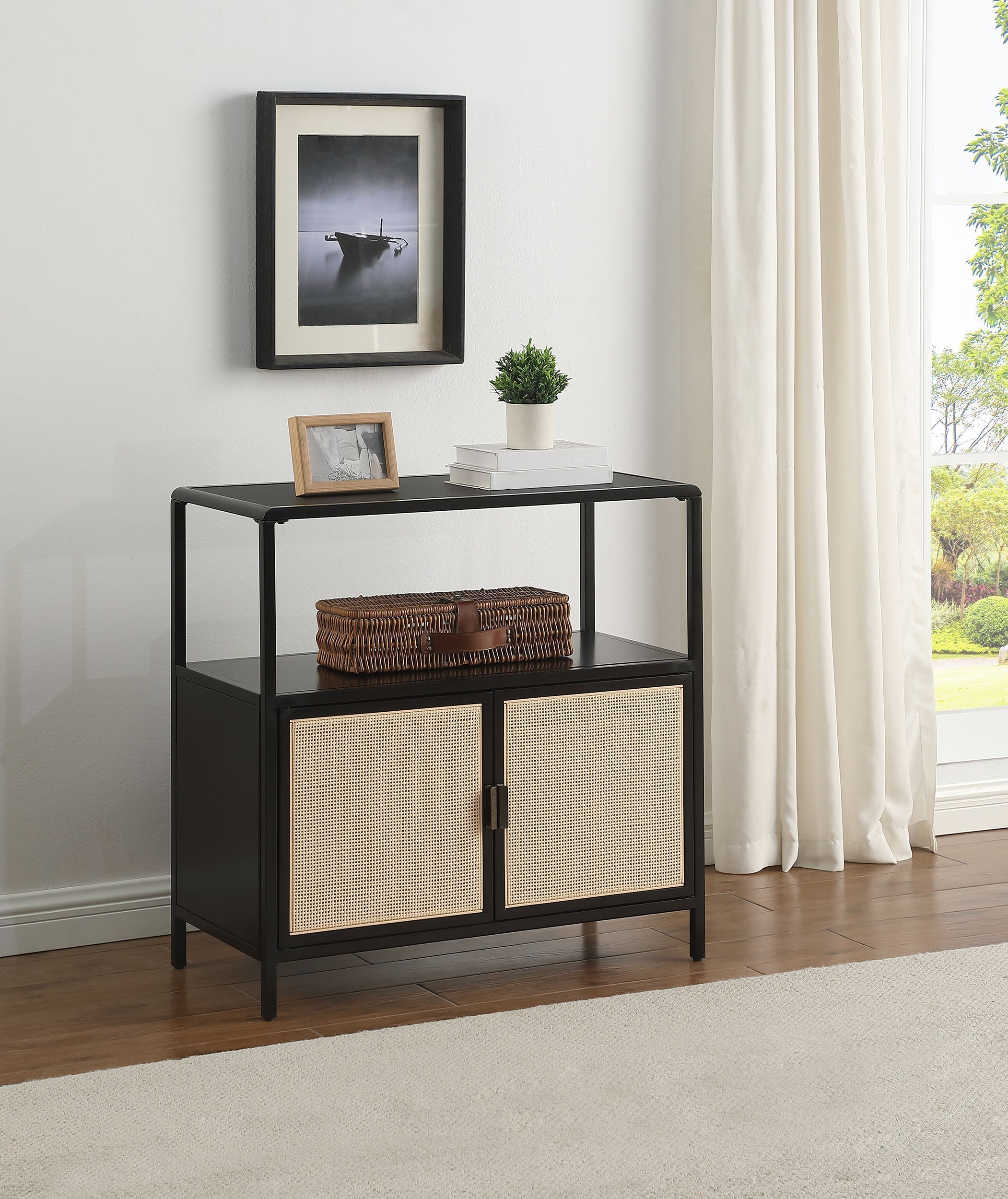 Amherst 2-door Radio Weave Cane Metal Accent Cabinet Black