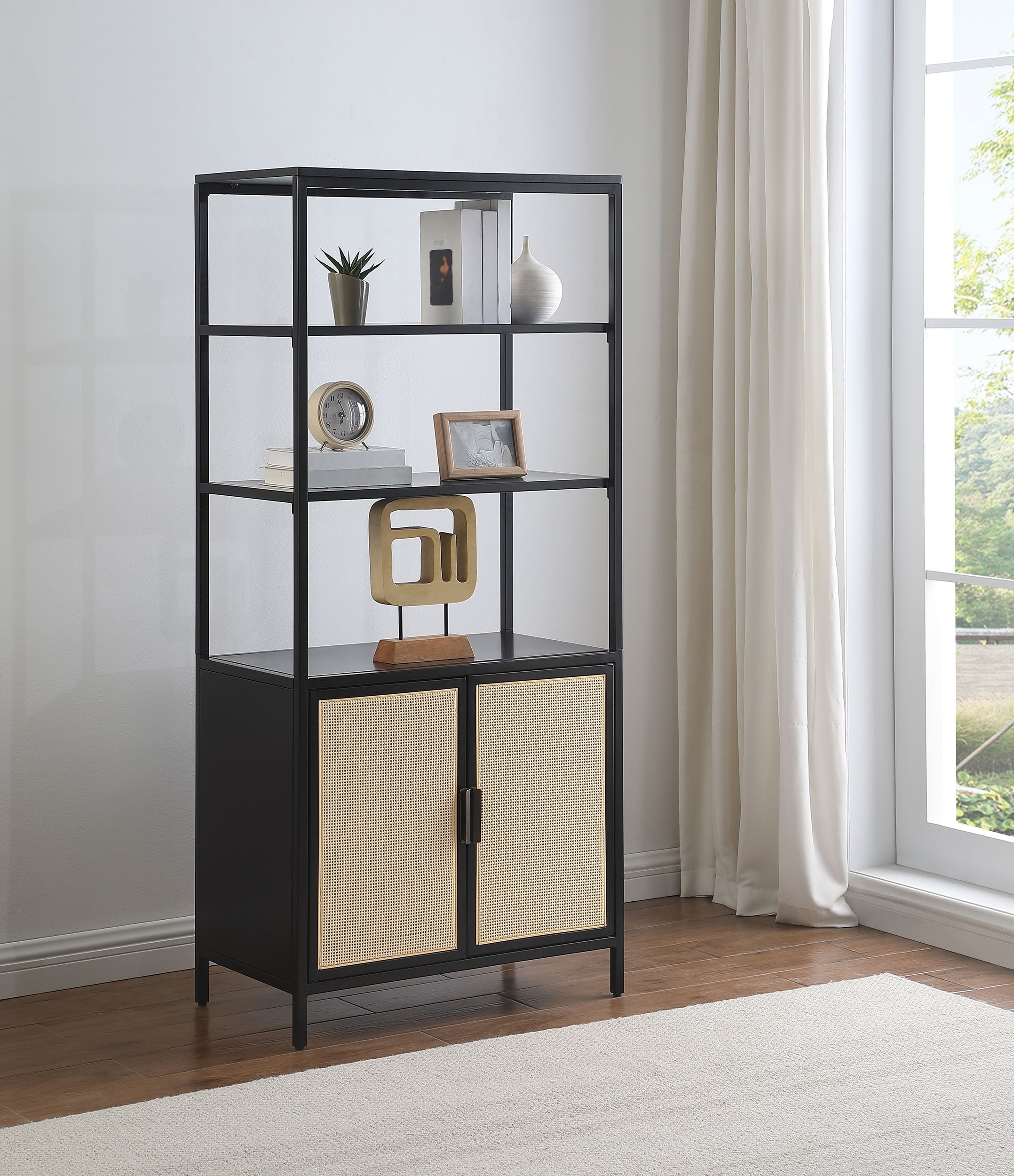 Amherst 3-shelf Radio Weave Cane Metal Accent Cabinet Black