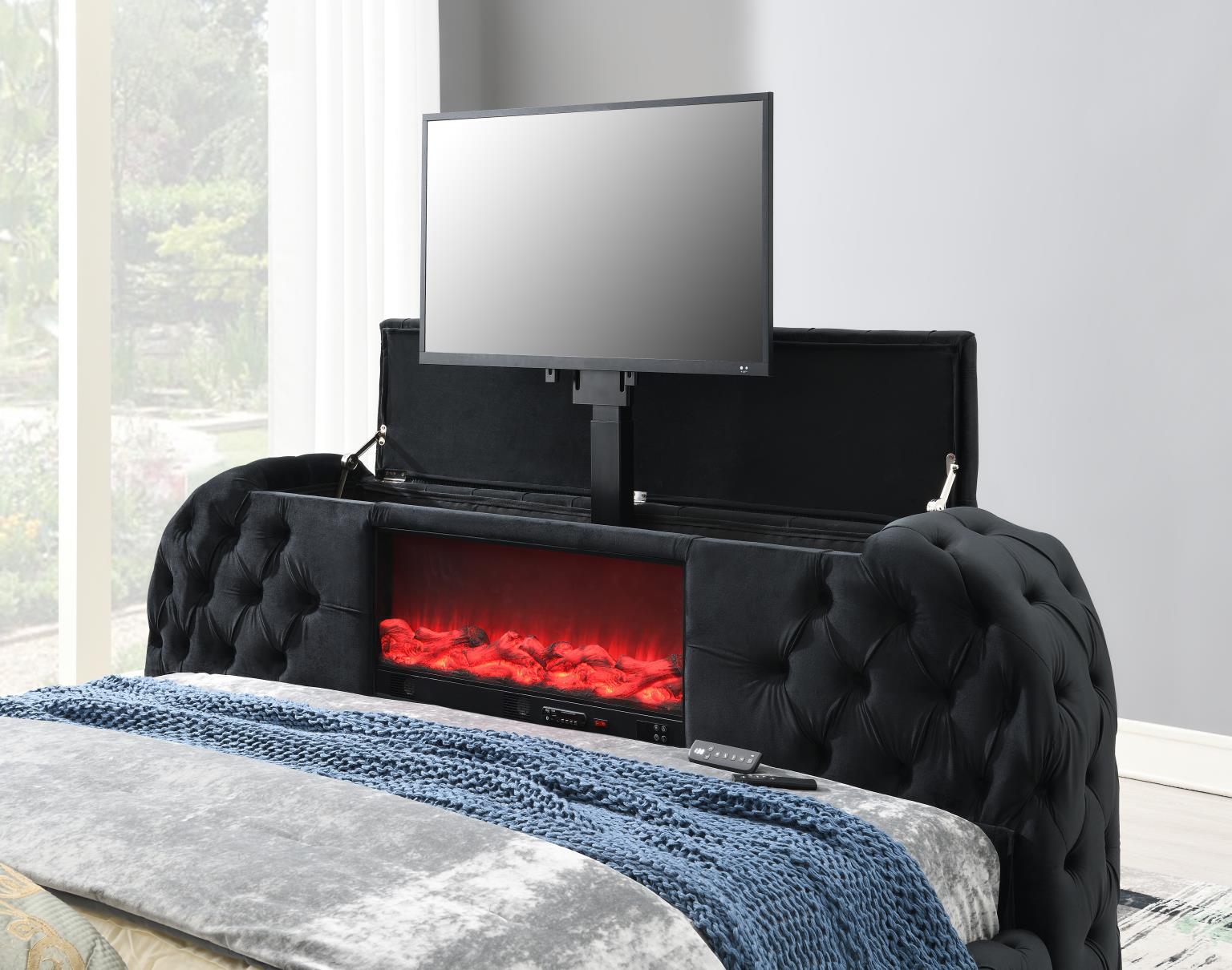 Black Velvet King Bed W/Fireplace, Tv Mount & Bluetooth Speaker & Usb