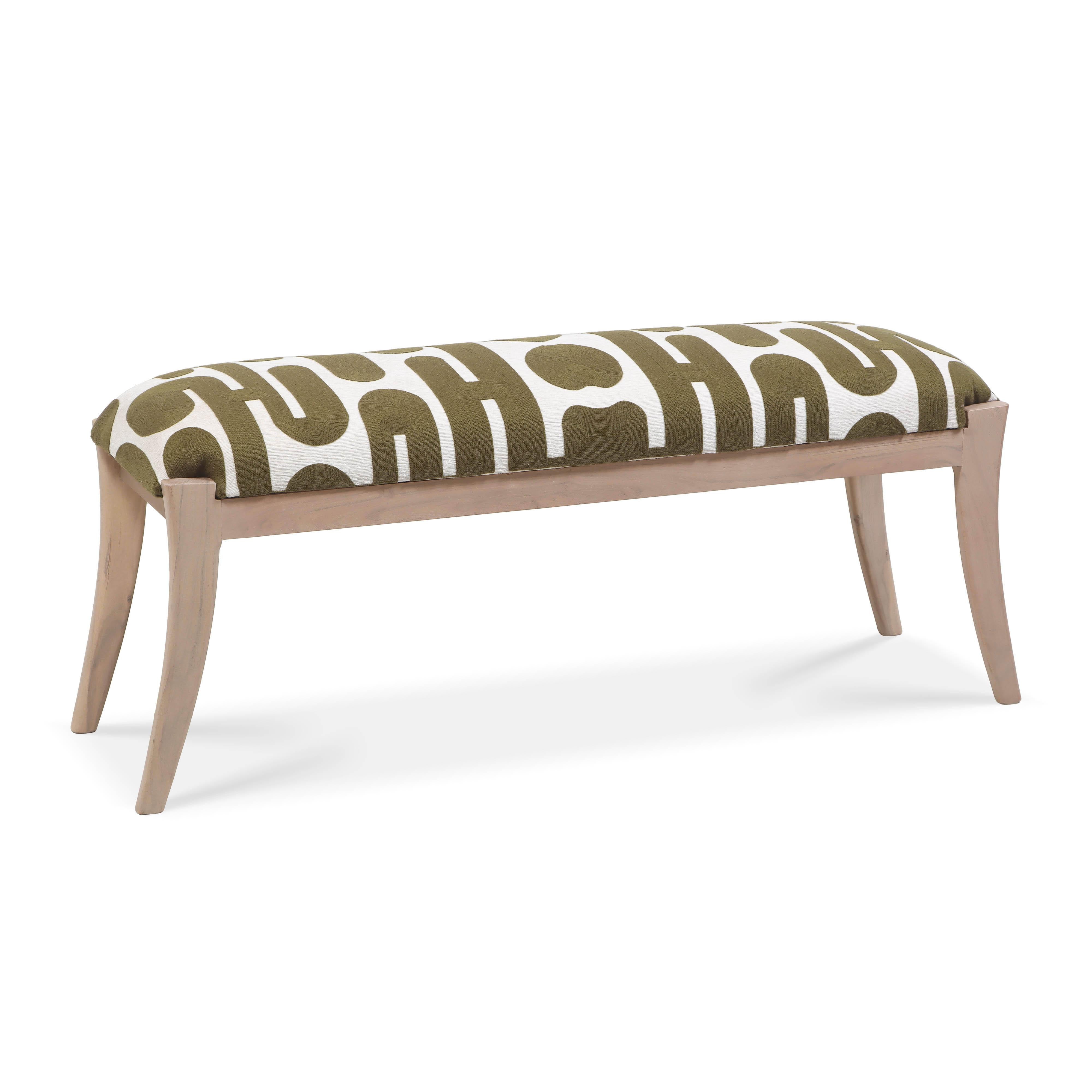 Arielle Olive & White Embroidered Bench