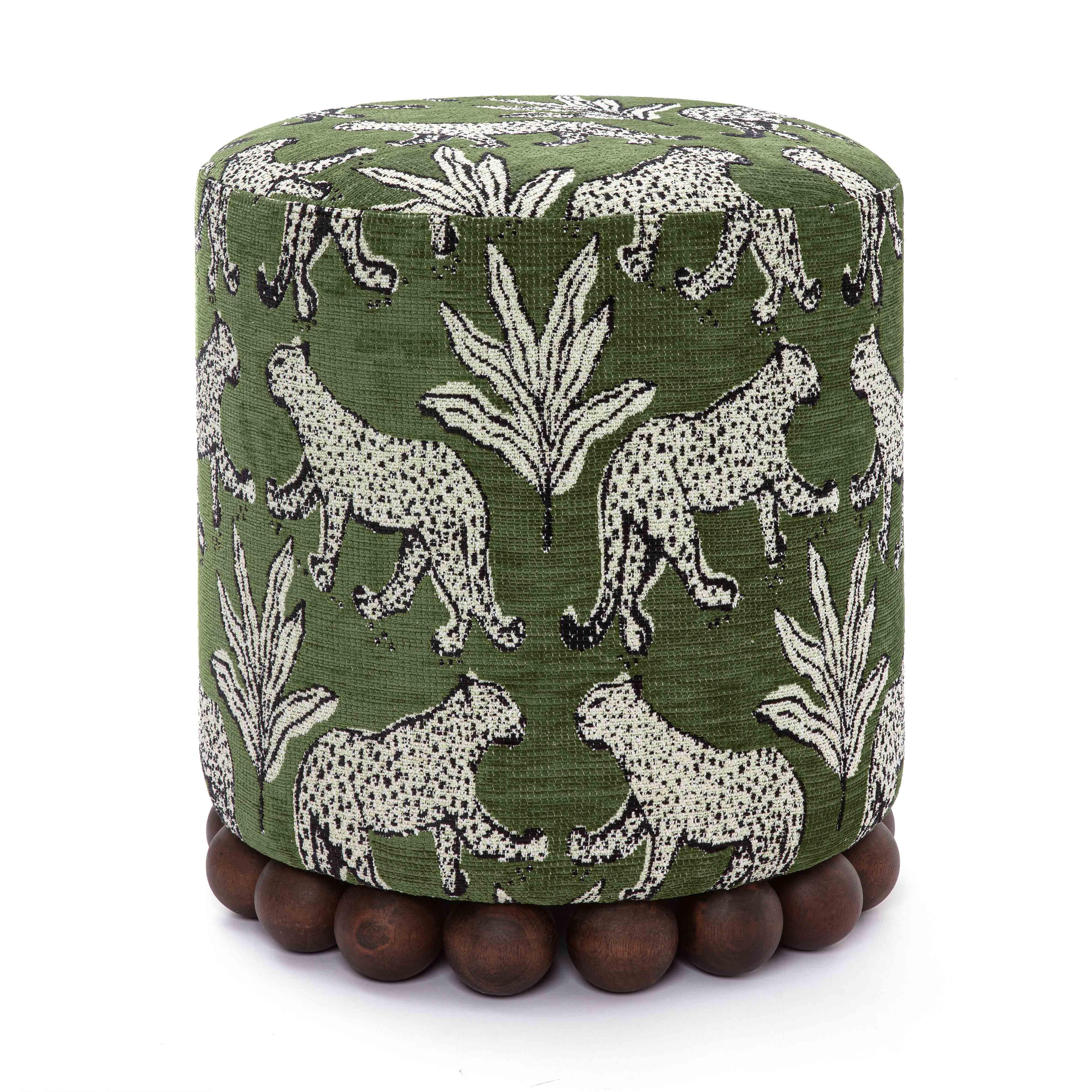 Dex Olive Green Leopard Jacquard Ottoman