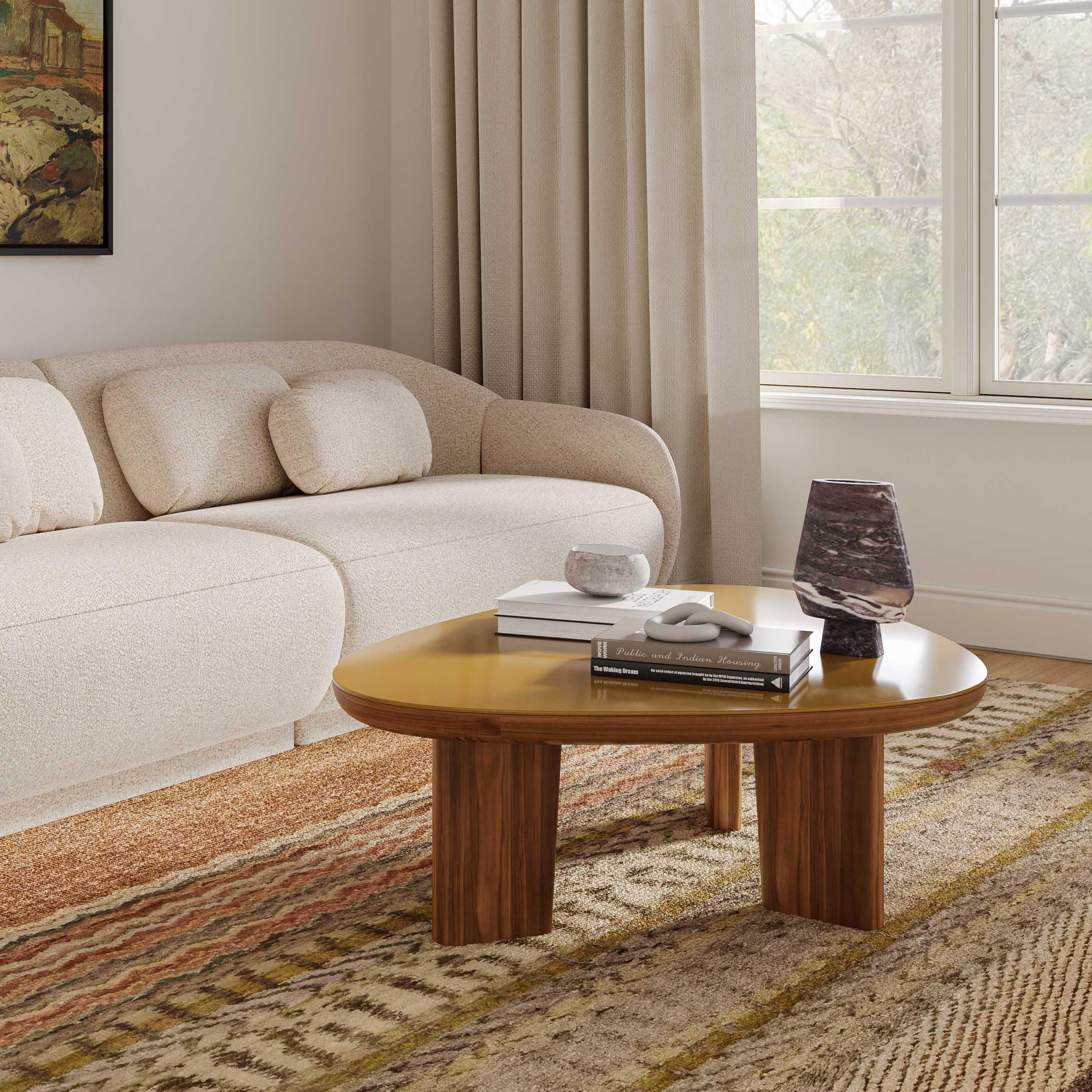 Oani Walnut and Glass Triangular Coffee Table