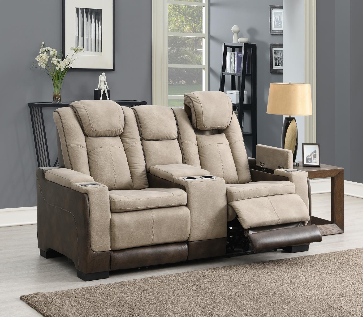 Frederick Sand Power Reclining W/Pwr Headrest, Storage Arms/Usb And Wireless Charger Loveseat Living Collection